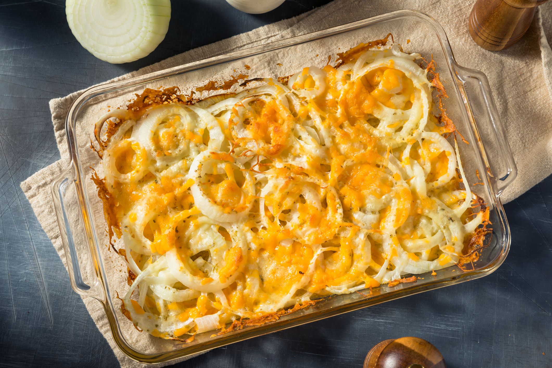 Baked Organic Cheesy Tennessee Onions in a Casserole Dish