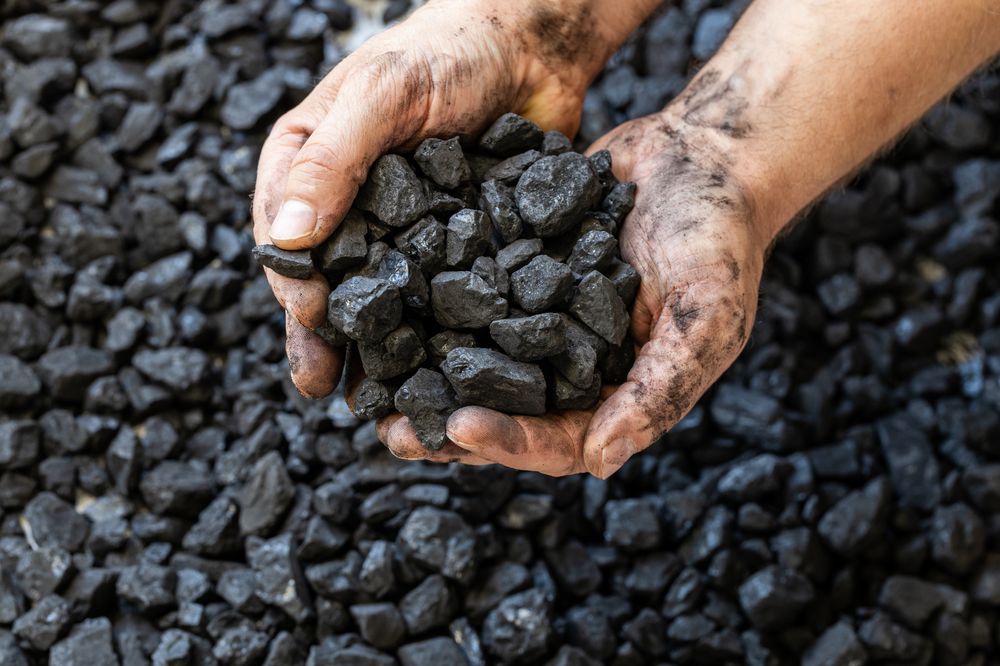 A pair of dirty hands holds a pile of black coal pieces, with more coal scattered on the ground in the background.