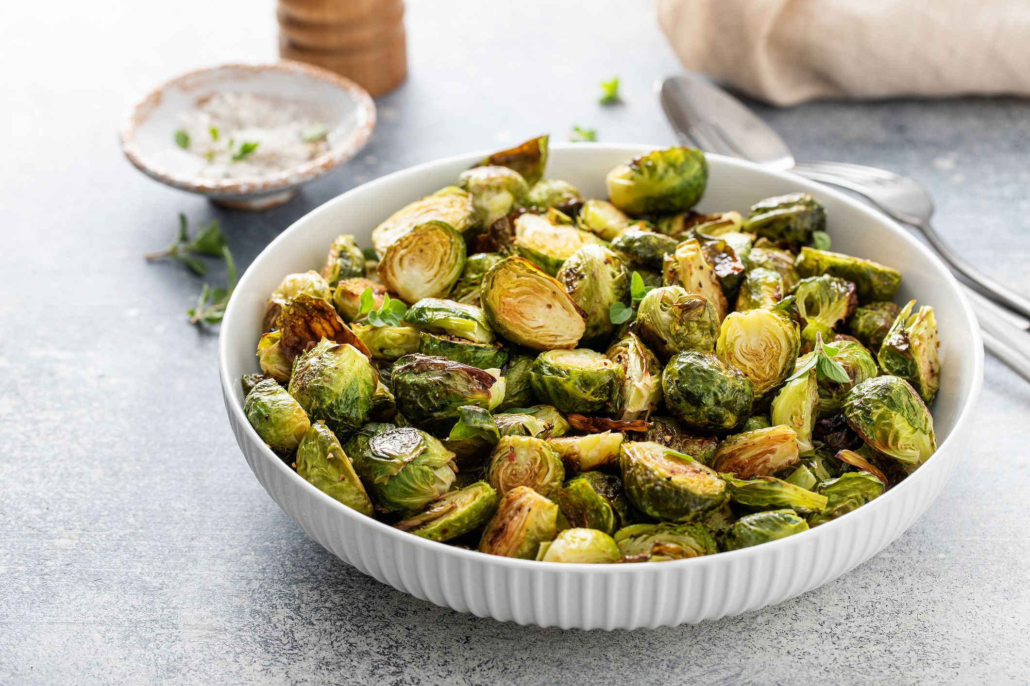 Crispy roasted or air fried brussel sprouts with honey dressing