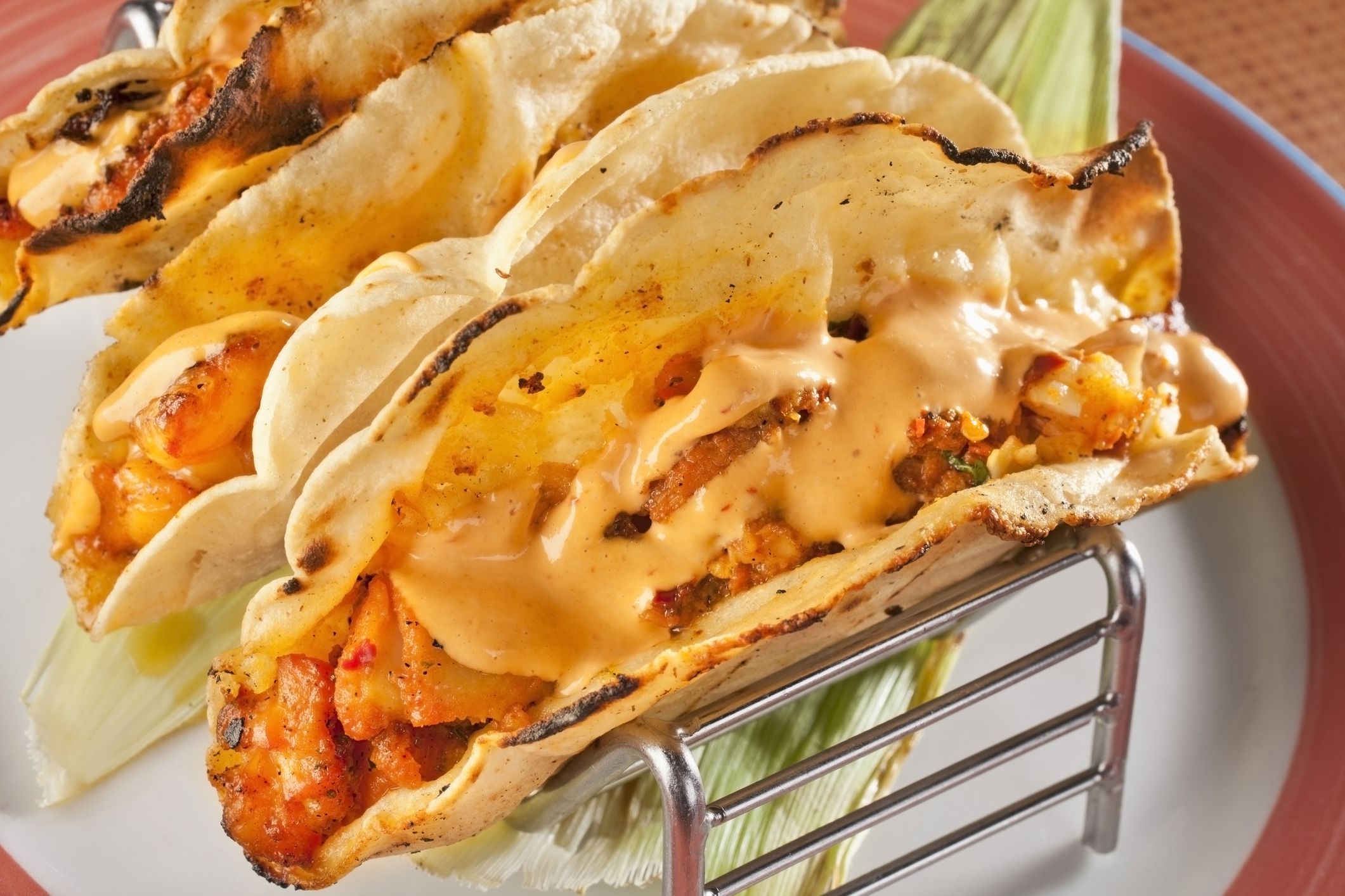 Seafood Tacos, Fish and Shrimp Tacos with Cheese and Chipotle Mayonnaise, Spicy, Tex Mex Food