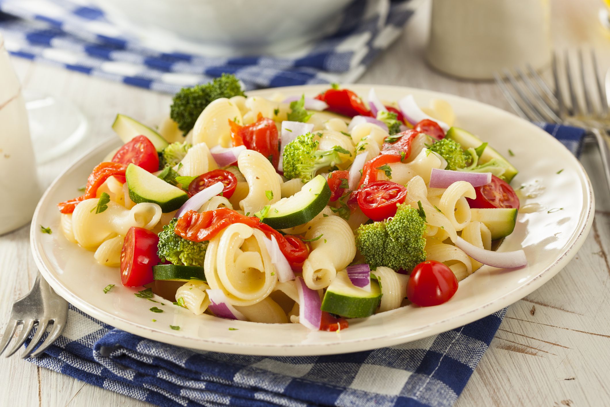 Healthy Homemade Pasta Salad with Tomatoes Onions and Broccoli