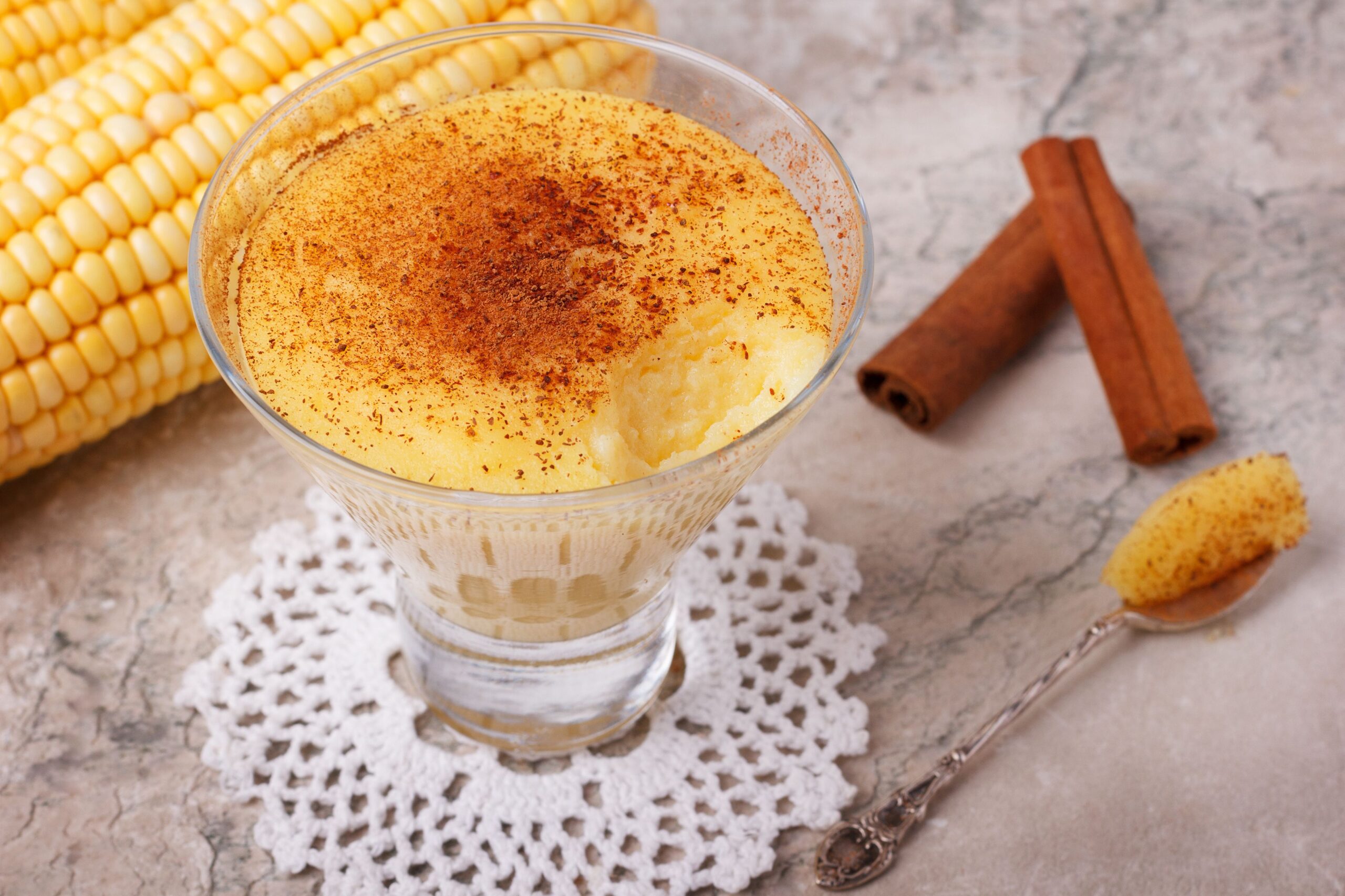 Brazilian sweet custard-like dessert curau de milho mousse of corn with cinnamon. Selective focus