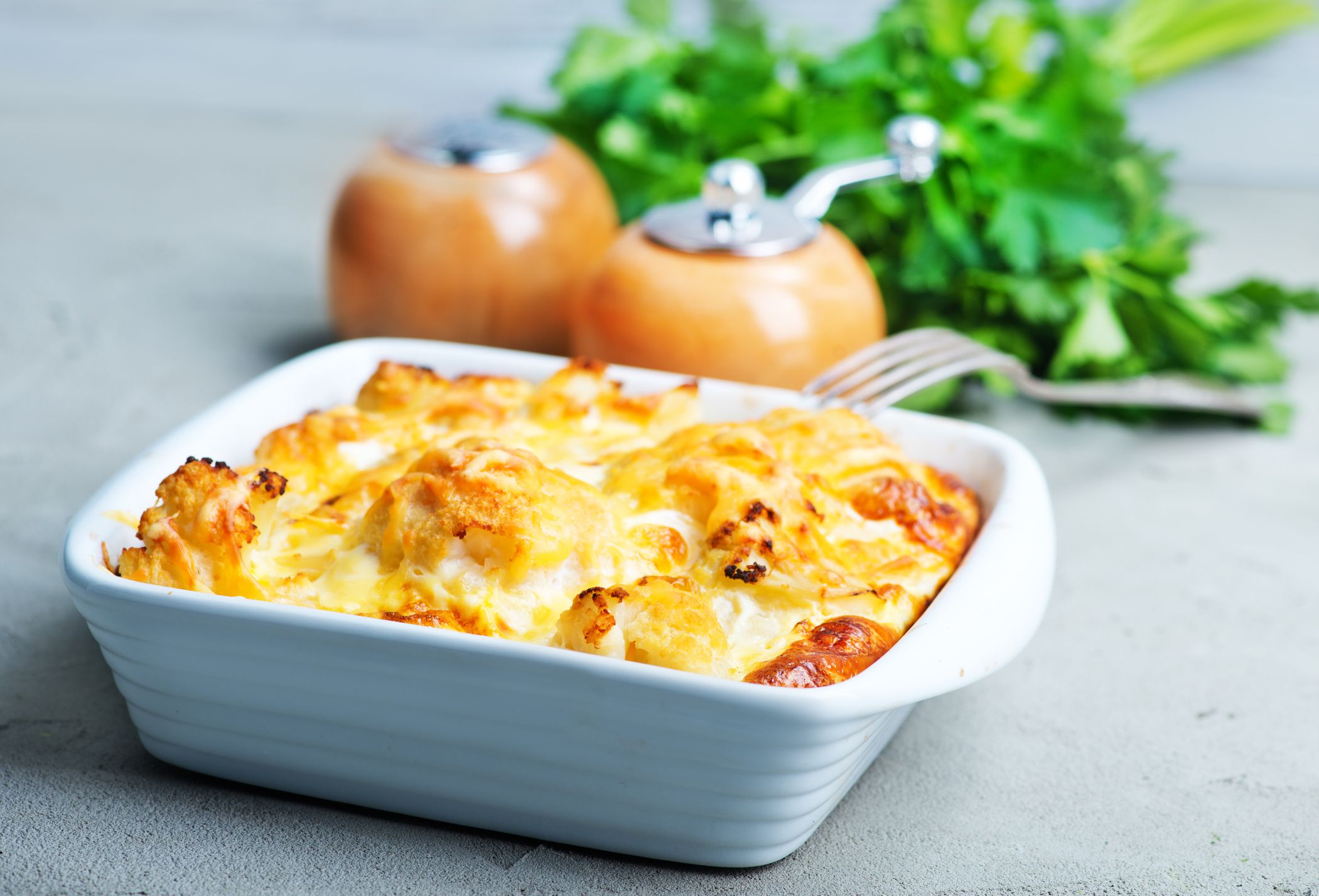 gratin with cauliflower and cheese on a table