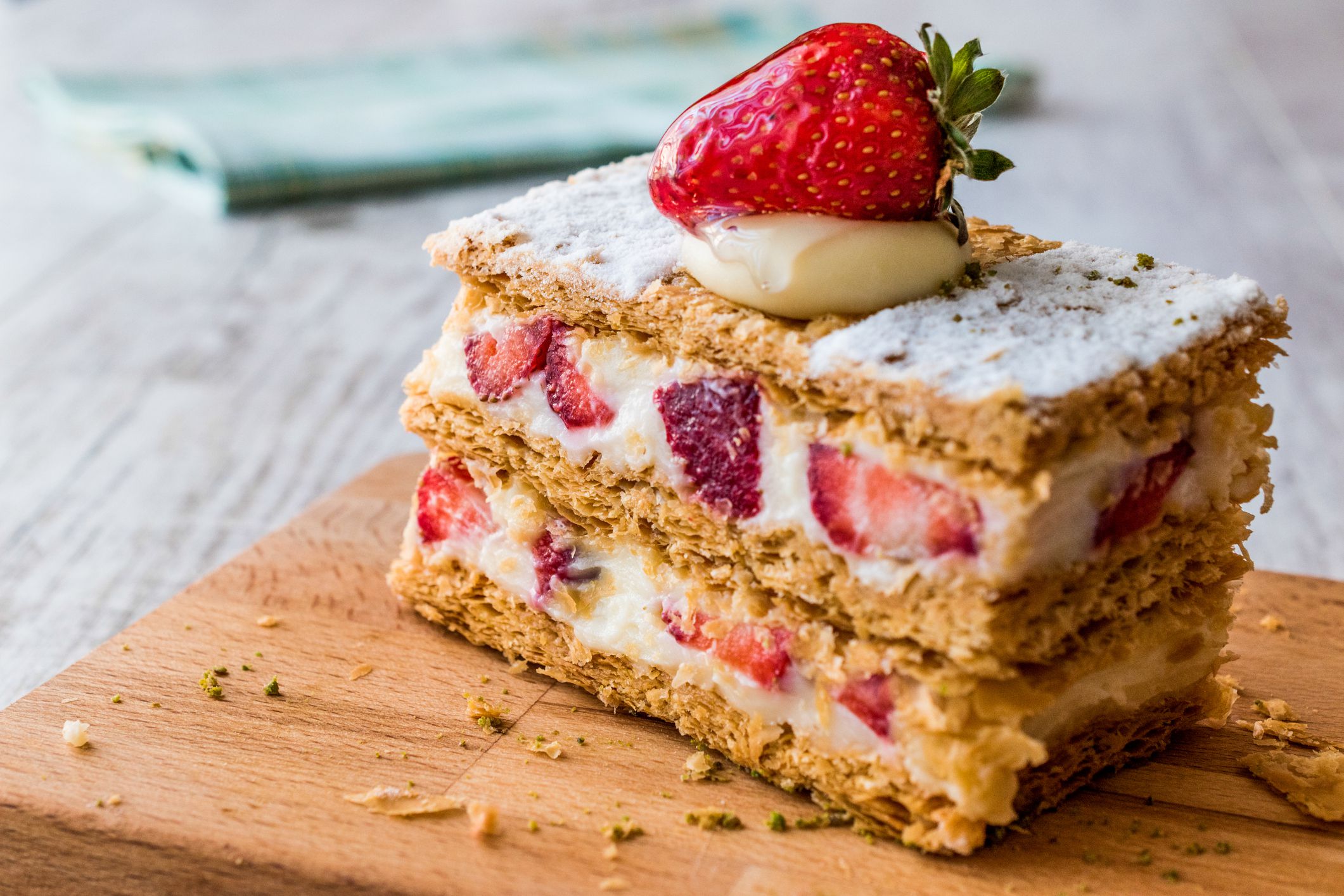 Strawberry puff mille-feuille with strawberry. Fruity Dessert.
