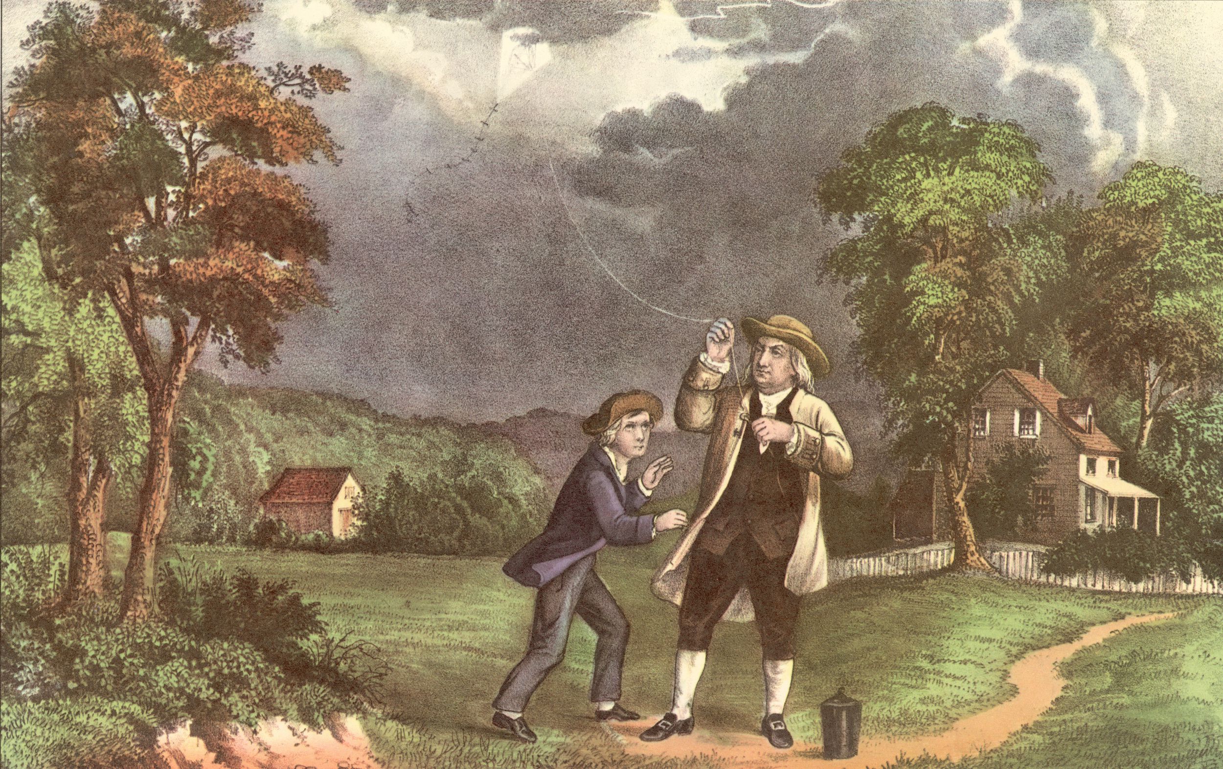 A Currier & Ives lithograph of Benjamin Franklin and his son William using a kite and key during a storm to prove that lightning was electricity, June 1752