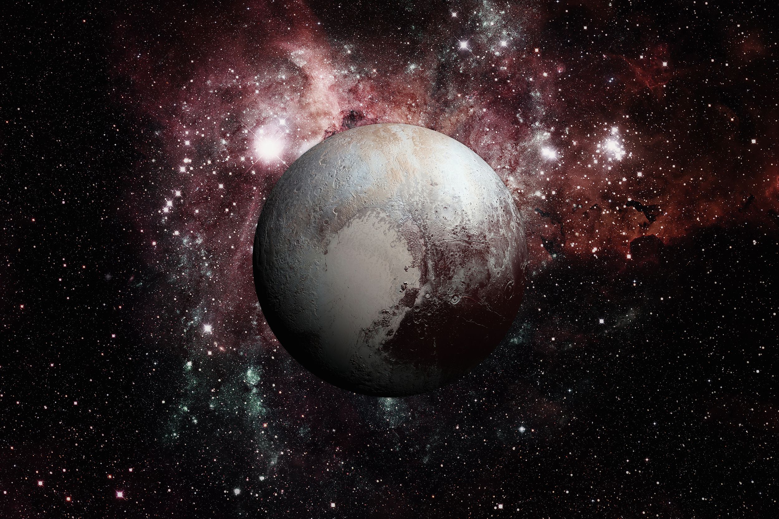 Dwarf planet Pluto surrounded by pink and white stars in the galaxy
