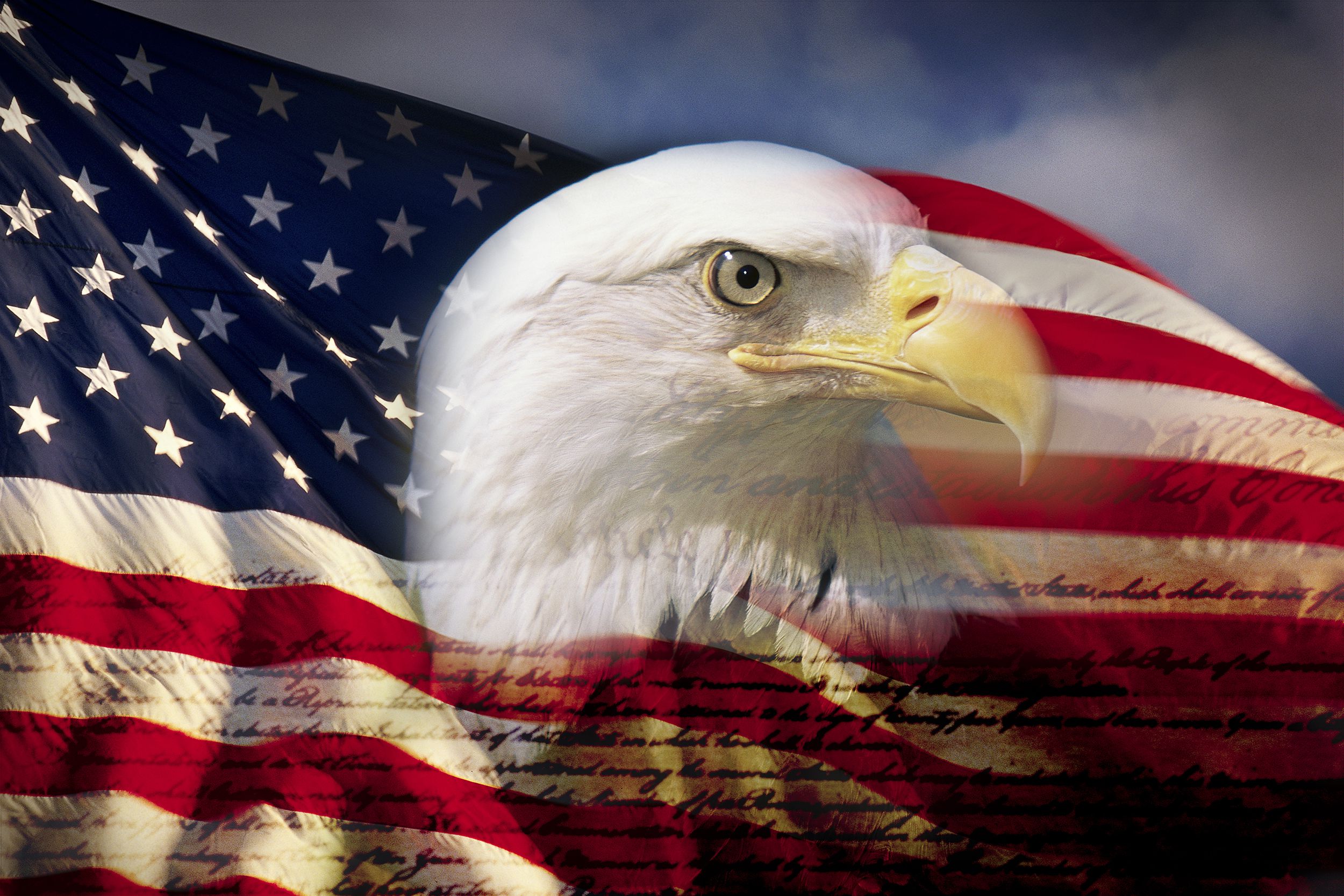 Face of bald eagle and handwriting of the U.S. Constitution superimposed on a waving United States flag with a blue sky on the top right