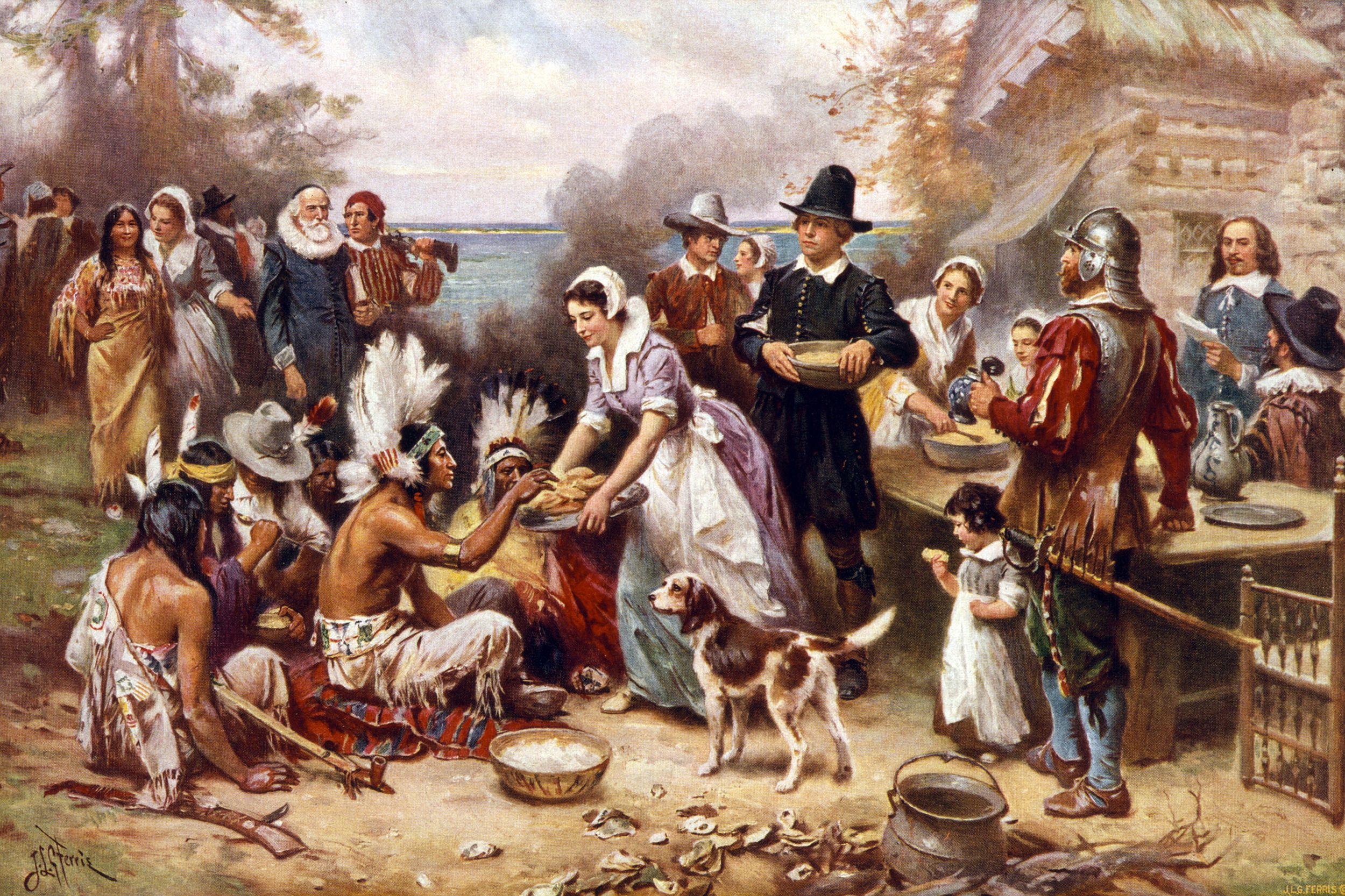 Pilgrims and Native Americans gather to share a meal at the first thanksgiving, colored oil painting by Jean Louis Gerome Ferris, 1932, jovial and festive atmosphere