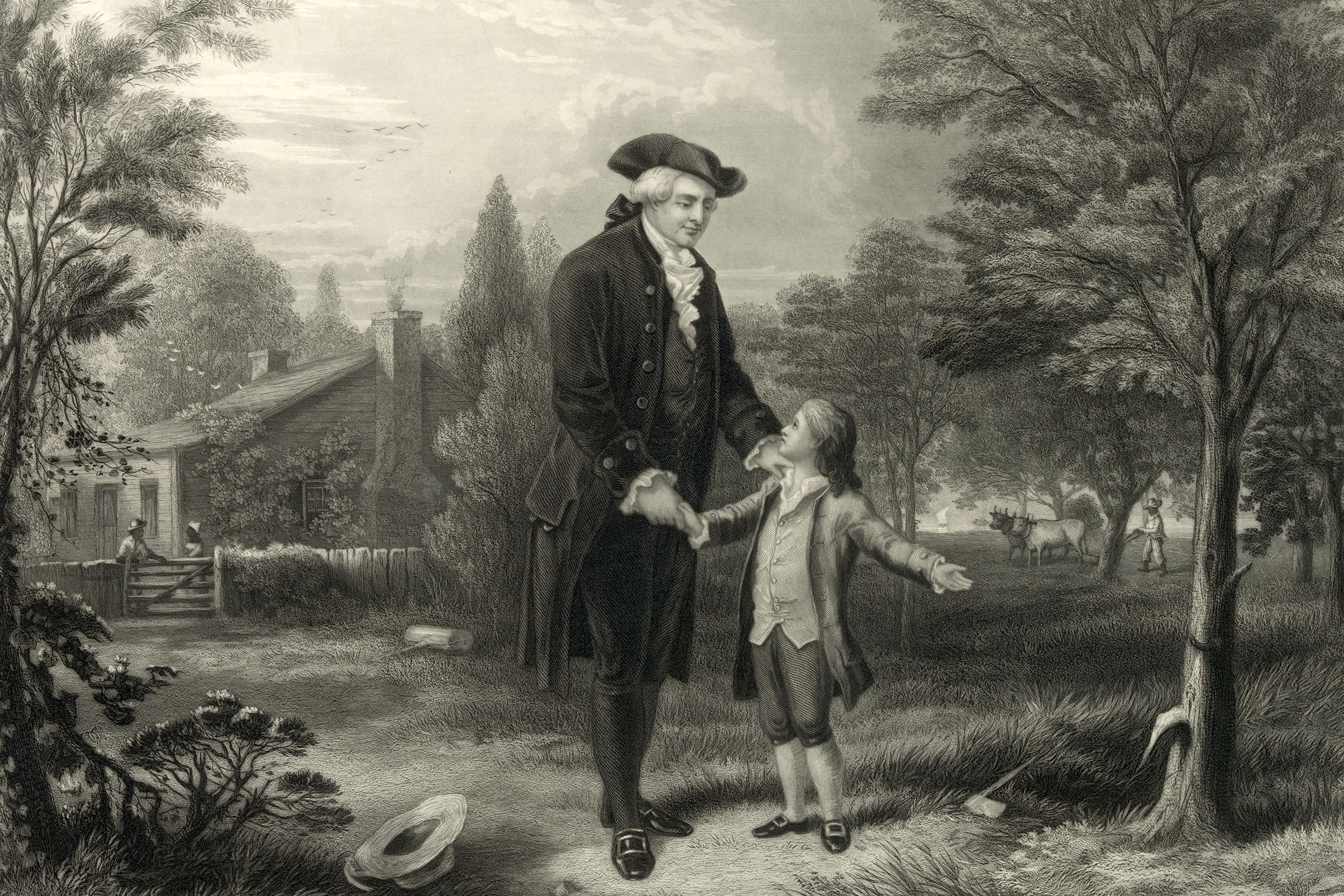 George Washington confesses to his father, Augustine Washington on engraving ca. 1846