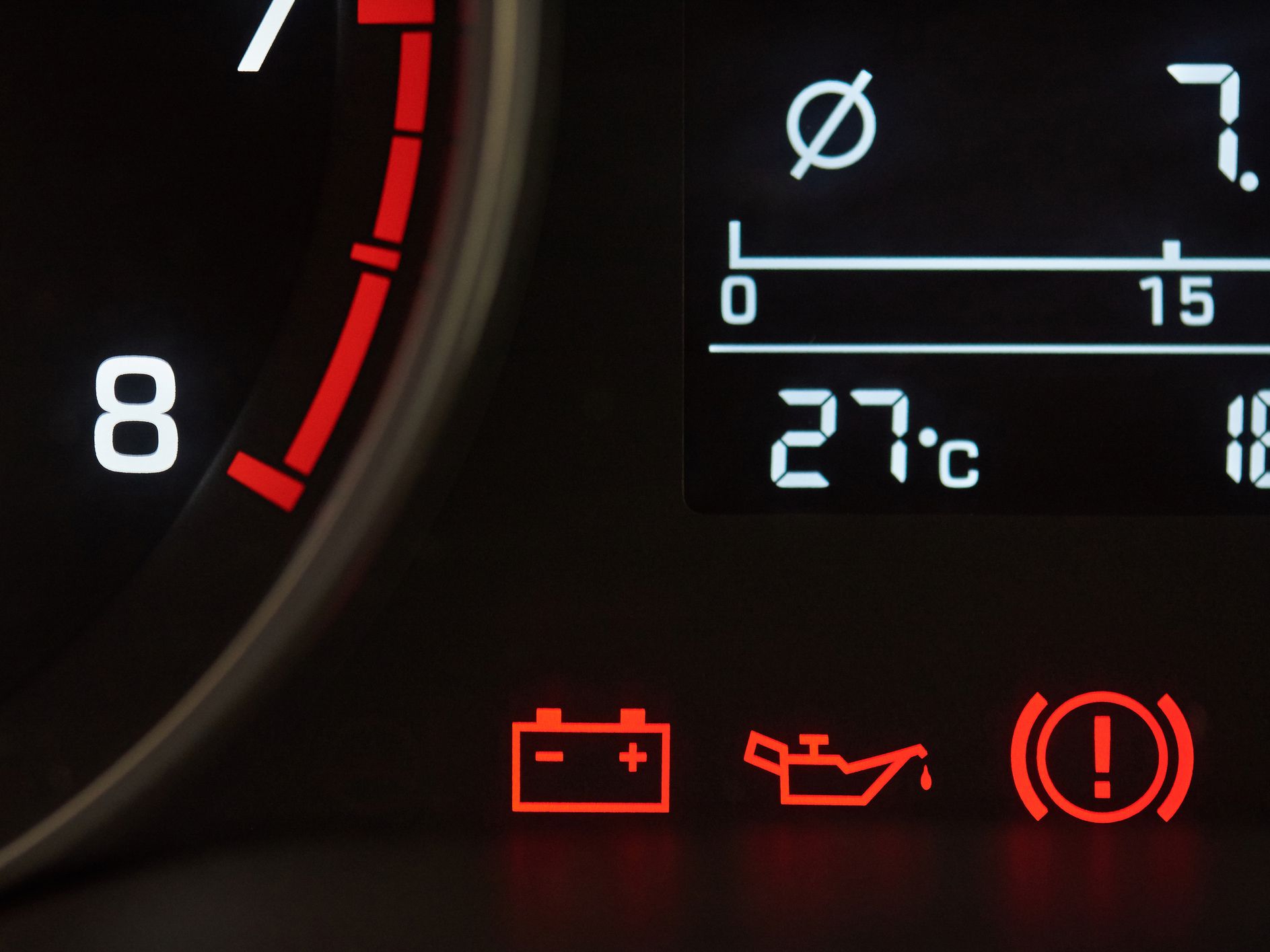 Error icons on car dashboard close-up. Chnage oil sign in car
