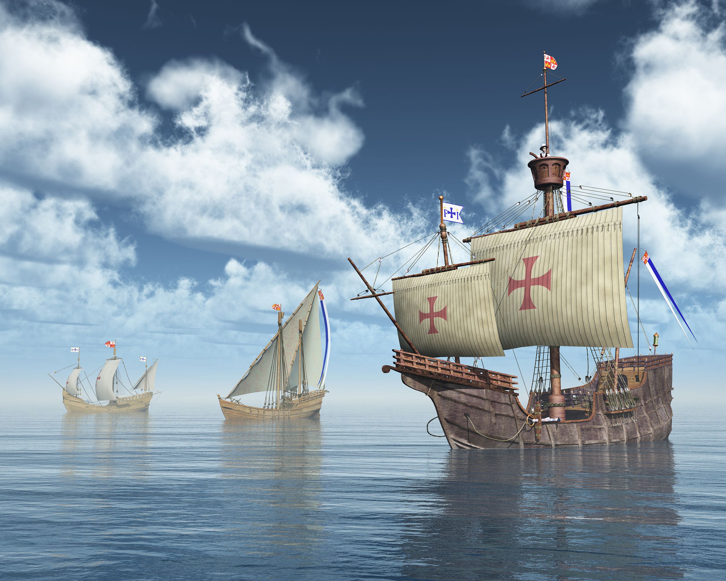 Illustration with the ships Santa Maria, Nina, and Pinta of Christopher Columbus in the ocean, white clouds in a blue sky, dark blue tones