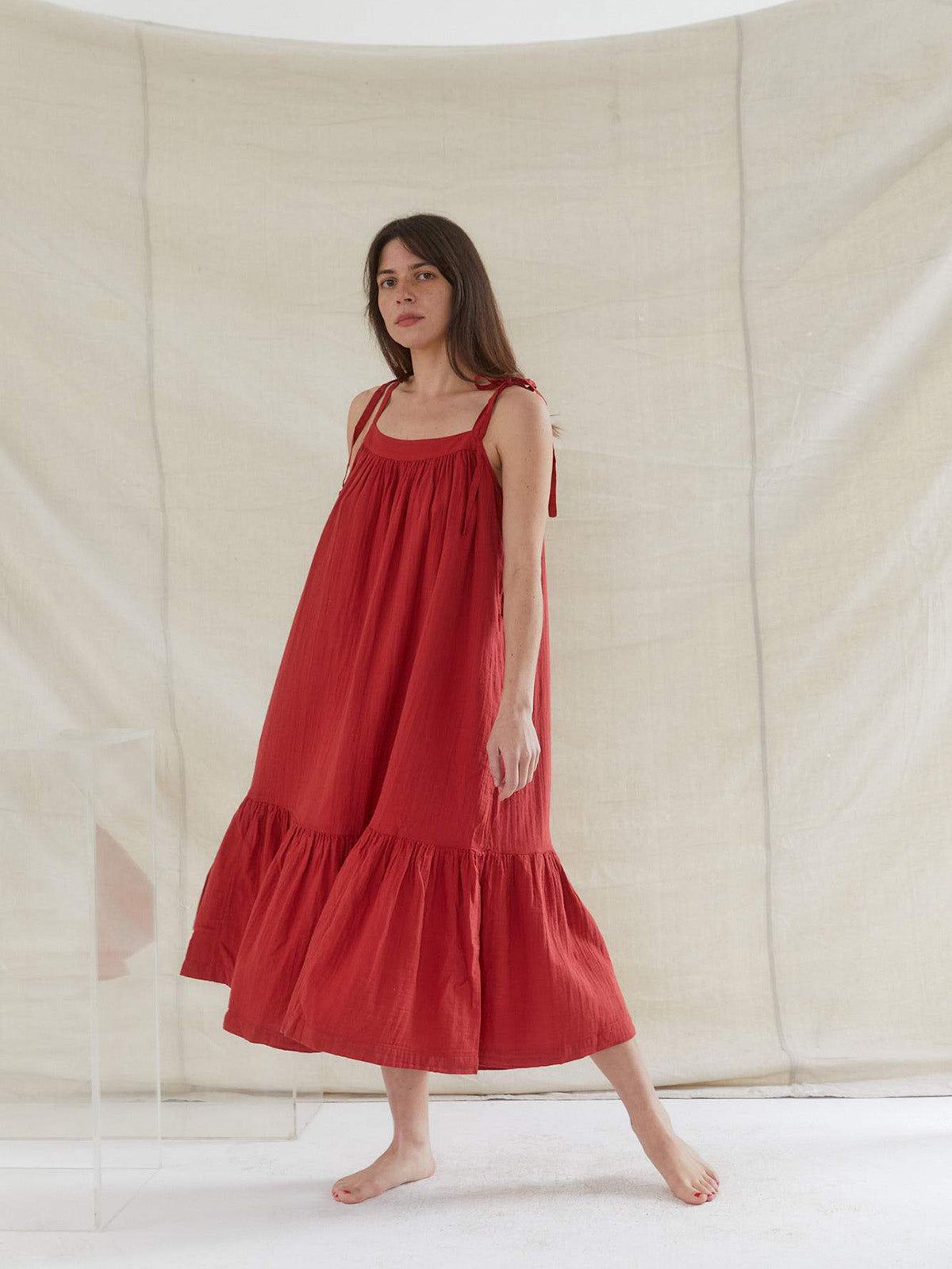 Young woman modeling Sugar Candy Mountain Zinnia Dress in Red
