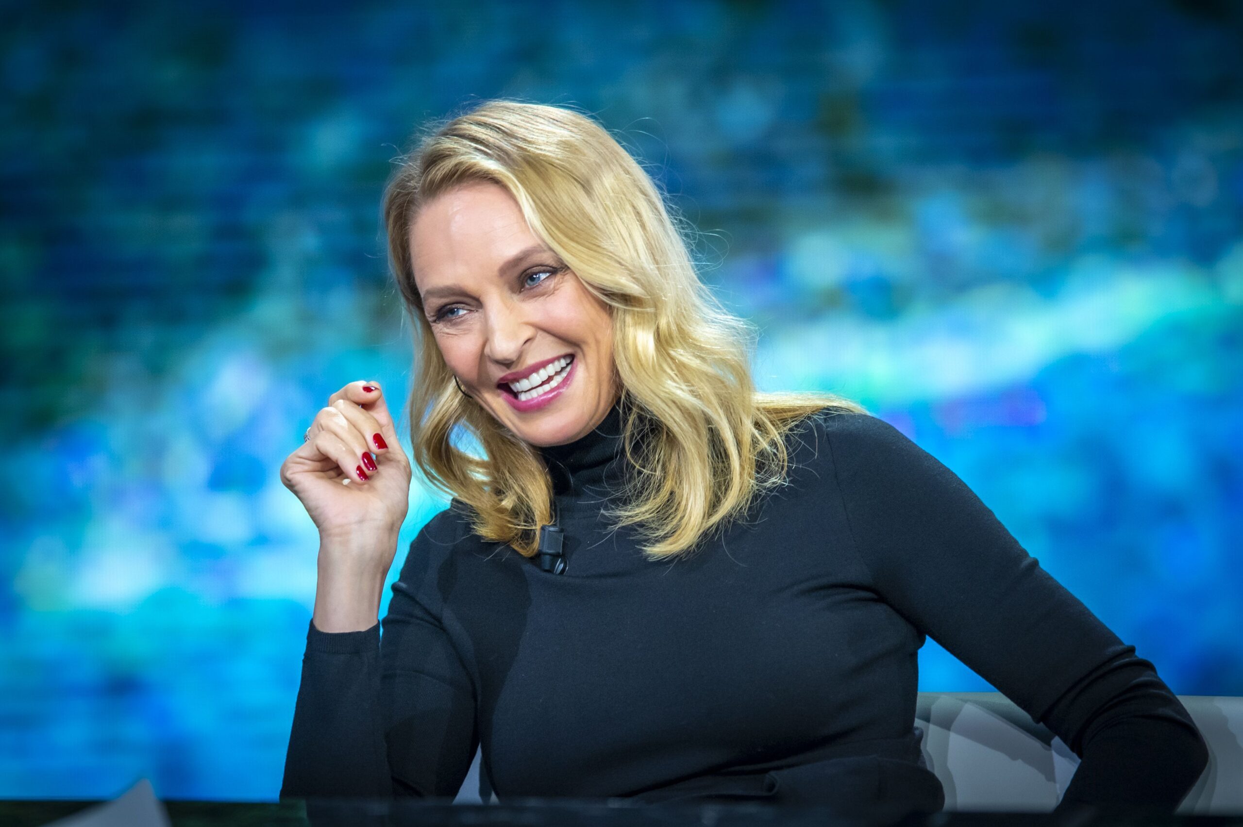Uma Thurman attends Che Tempo Che Fa TV Show on January 19, 2020 in Milan, Italy.