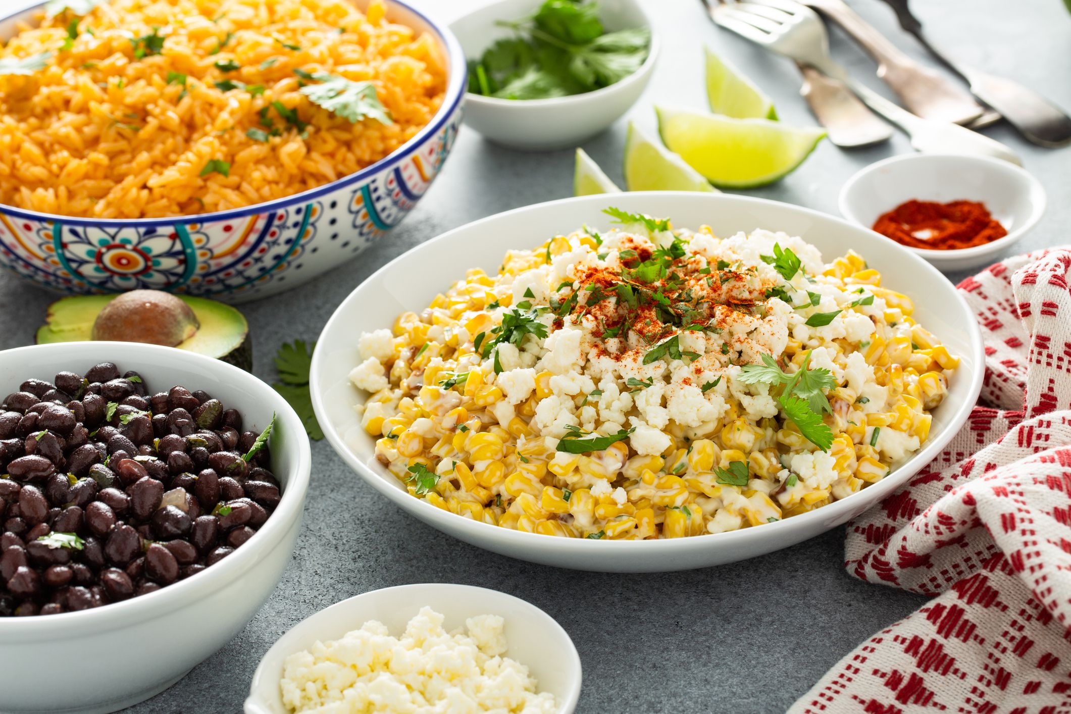 Mexican street corn, elote with cotija cheese, fresh cilantro and chili