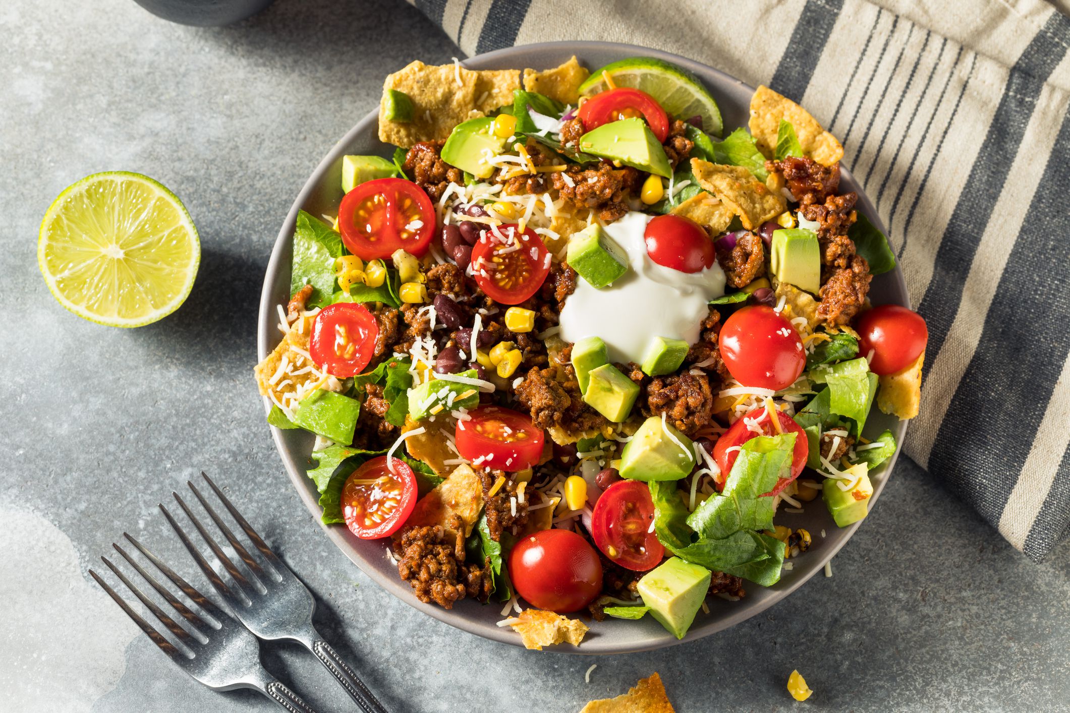 Homemade Beef Taco Salad with Avocado Corn and Tomato