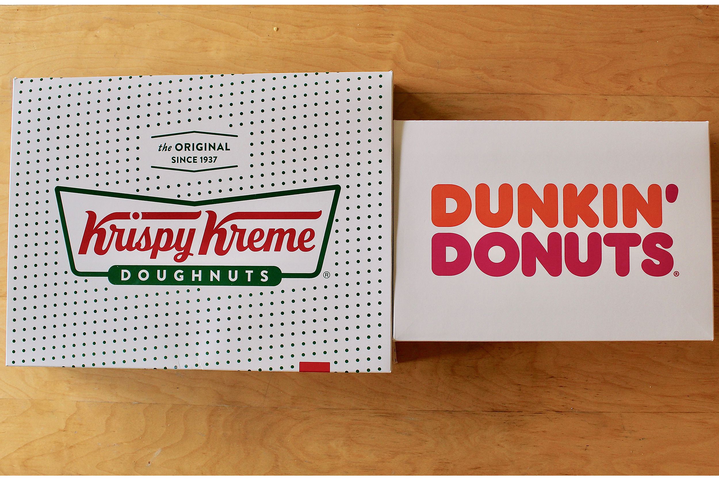 Krispy Kreme and Dunkin' Donuts boxes