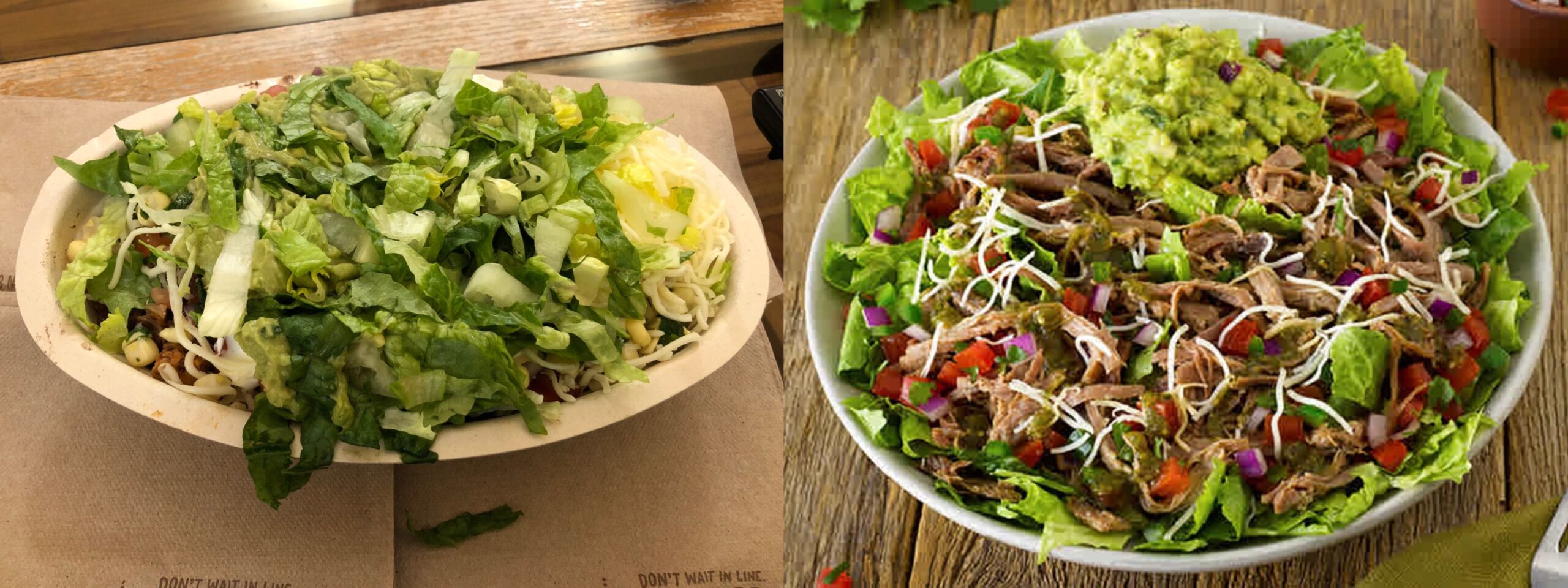 Photos of QDOBA and Chipotle burrito bowls.