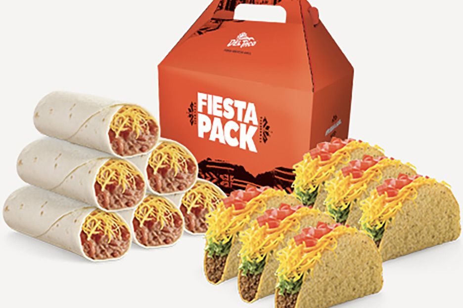 Del Taco Fiesta Pack with six burritos and six crunchy tacos.