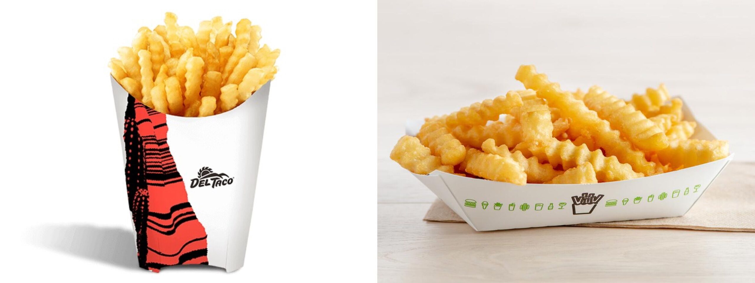 Side by side images of Del Taco and Shake Shack Crinkle Fries.