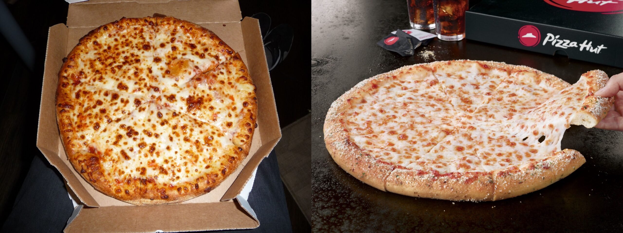 Side by side image of Pizza Hut and Domino's Pizza.