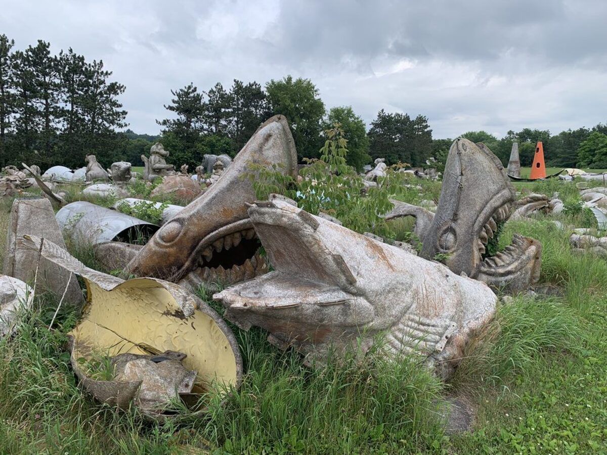 Fast Fiberglass Mold Graveyard, Sparta, Wisconsin, numerous used molds on the grass, shark molds in the foreground, trees in the background