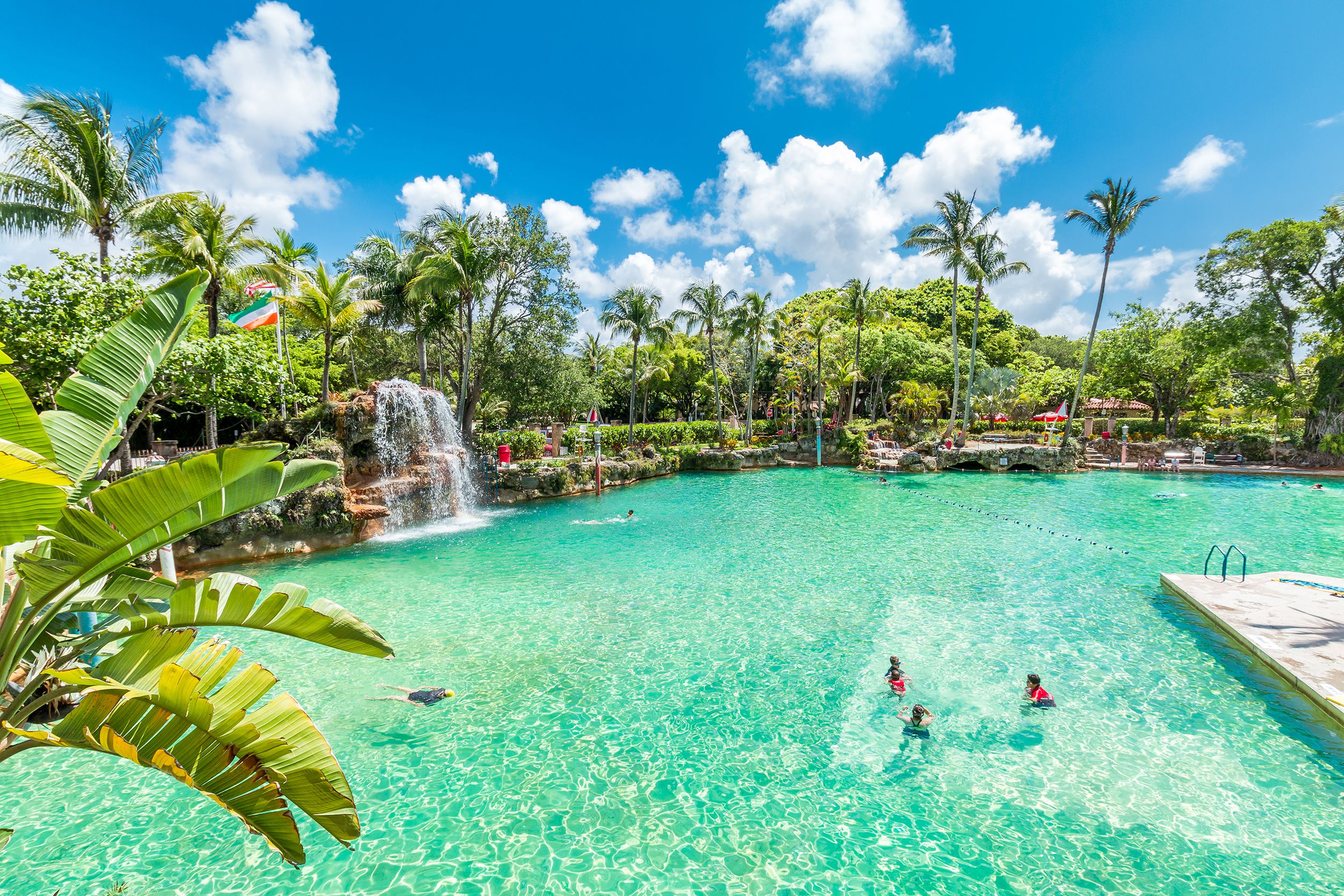 A few people in the Venetian Pool, Coral Gables, Florida, tropical plants in the background and one on the left foreground, on a bright sunny day