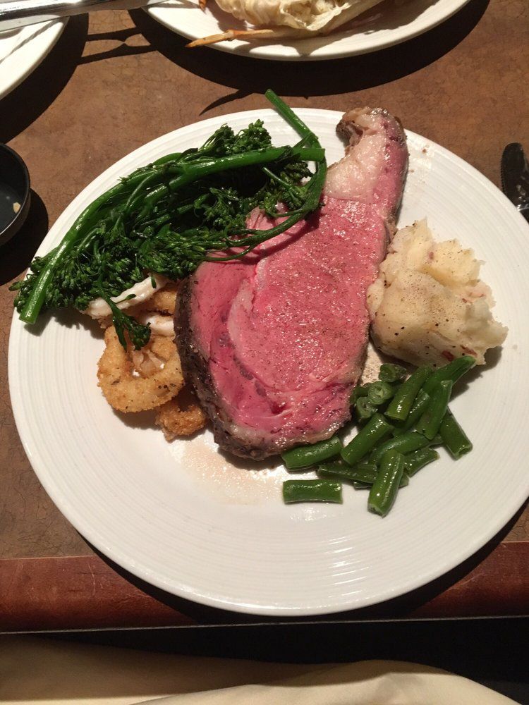 Four Winds Casino Buffet Prime Rib with Broccolini, Mashed Potatoes, Green Beans and Calamari, New Buffalo, Michigan