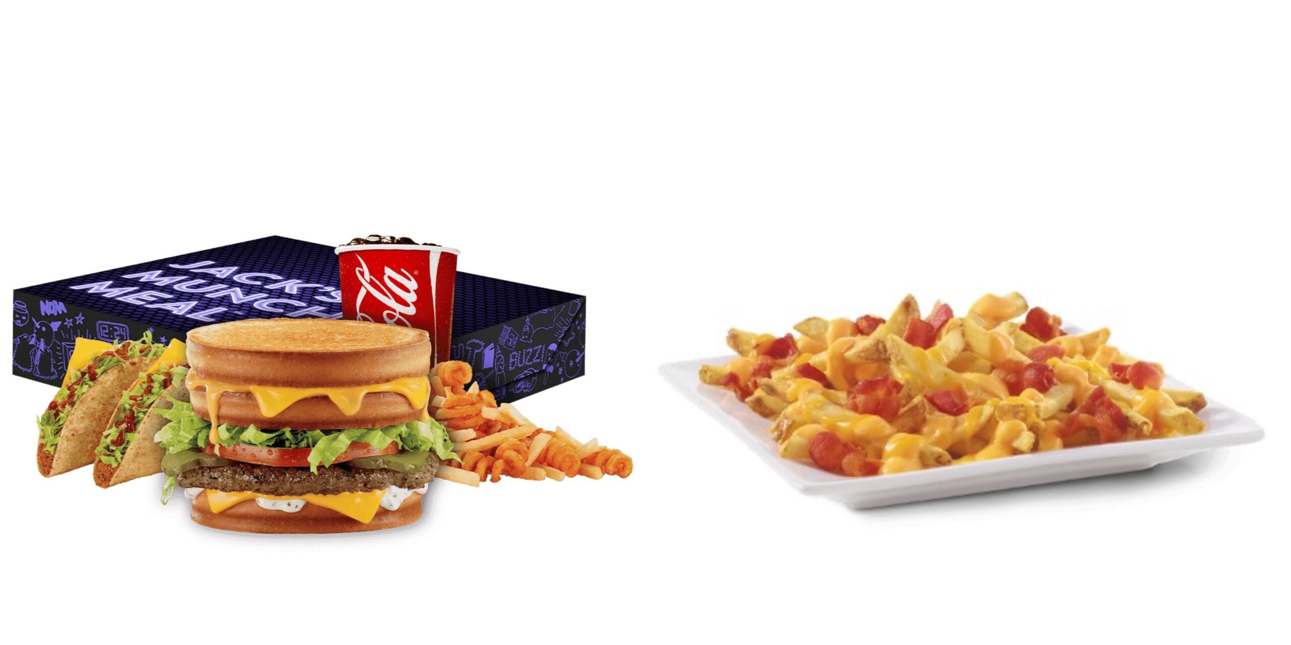 Side by side image of Jack In The Box Grilled Cheese Burger and fries and Wendy's Baconator Fries.