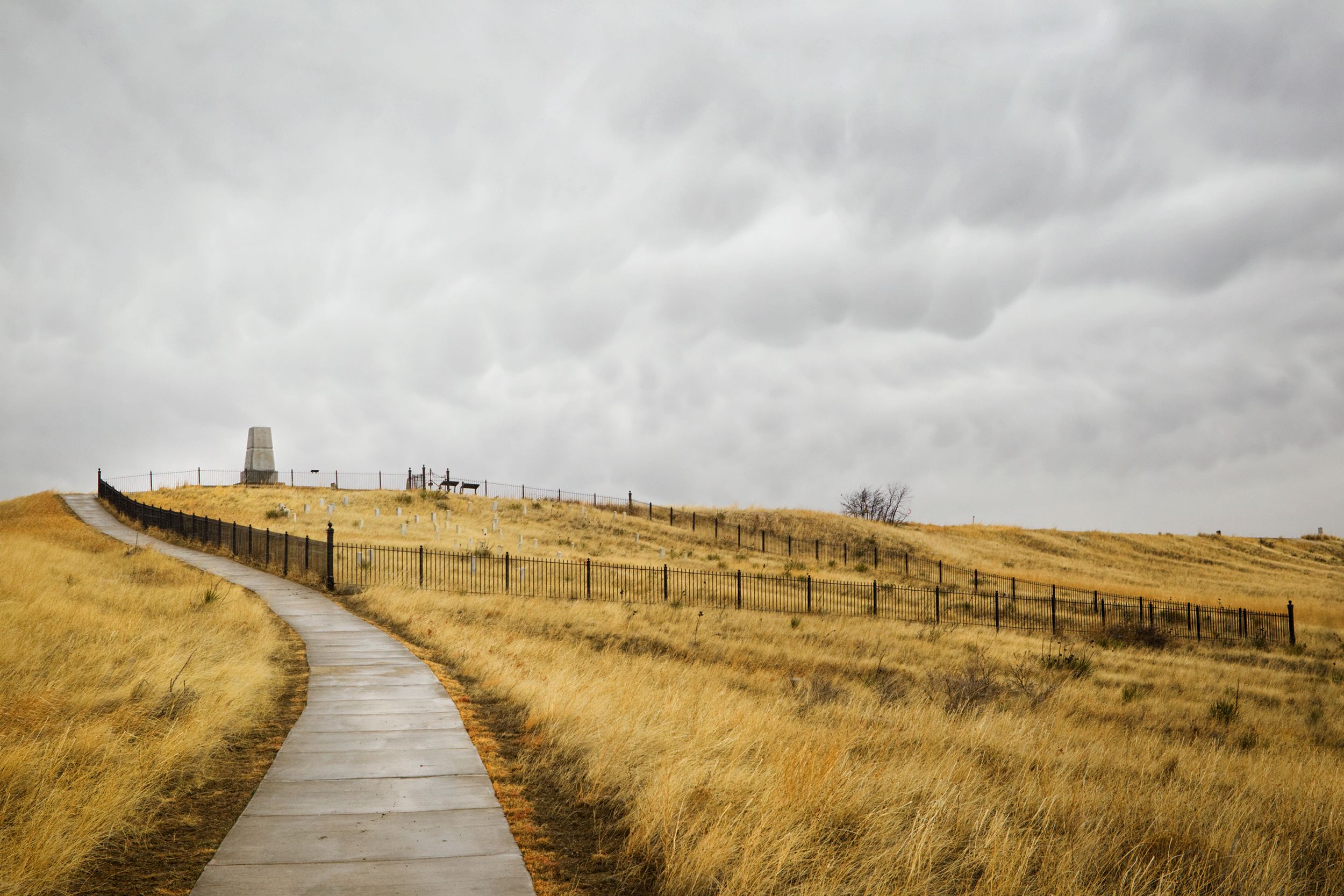 Last Stand Hill at Little Bighorn Battlefield National Monument, Crow Agency, Montana, yellowed grass in the foreground being blown by the wind, against a dramatic grey clouded sky