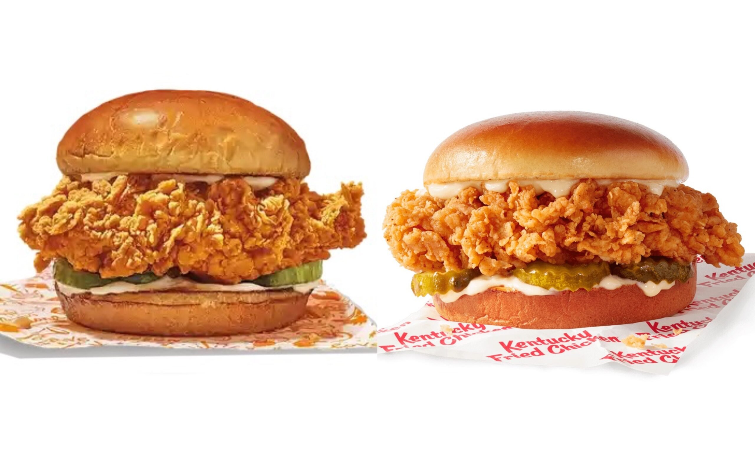 Side by side images of Popeyes and KFC Chicken Sandwiches.