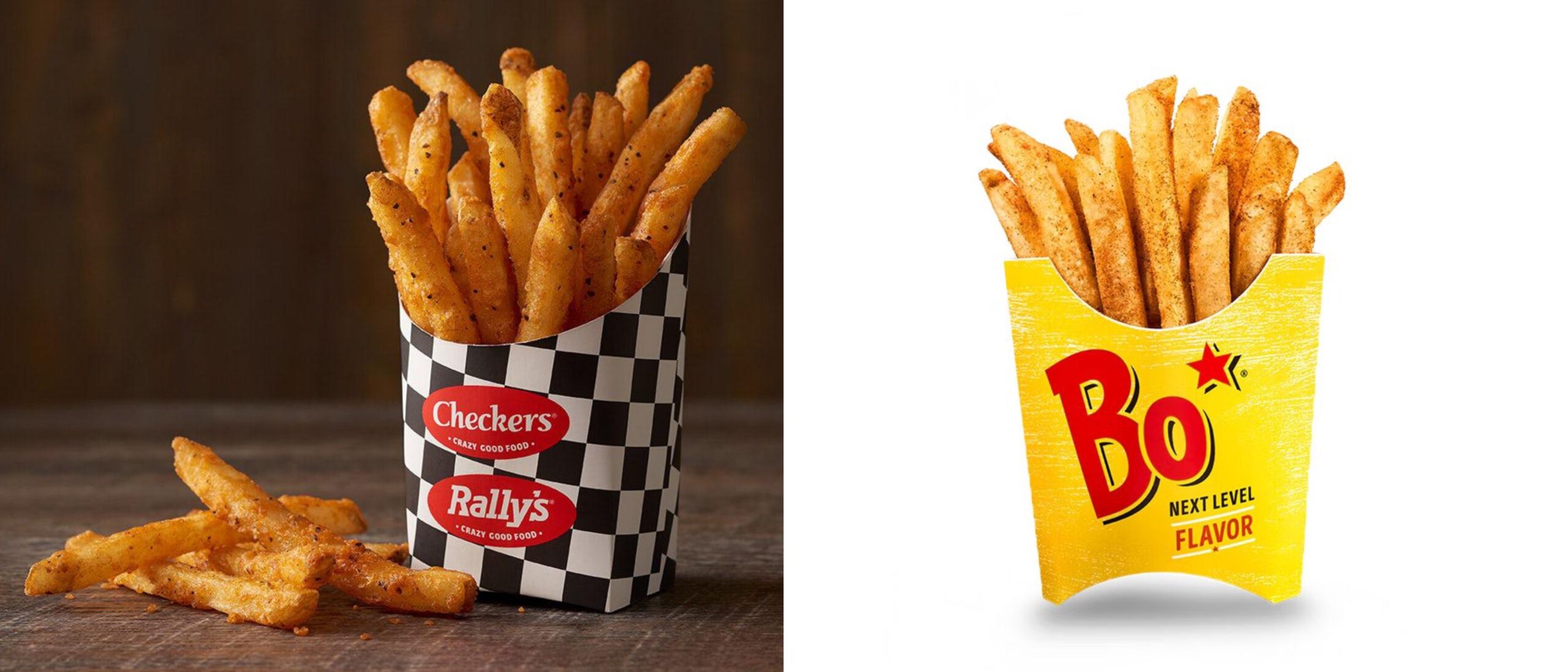 Side by side images of Rally's/Checkers Bojangles Seasoned Fries.