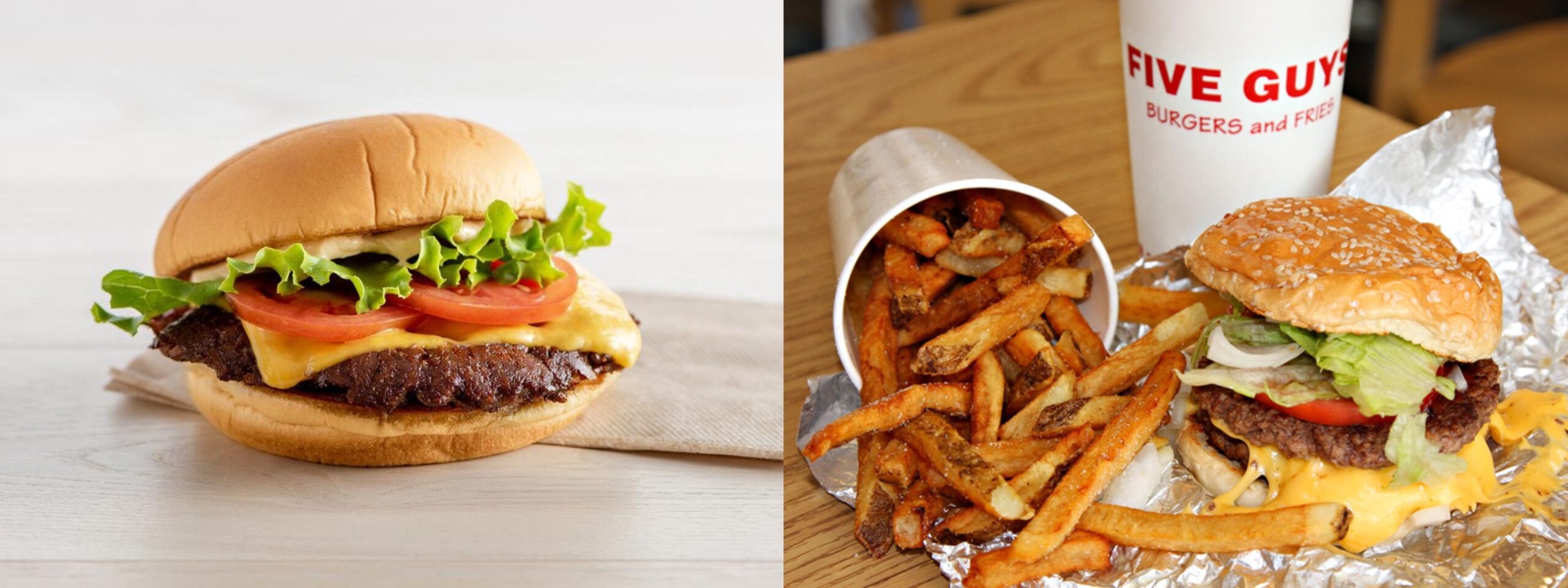 Appetizing Five Guys Cheeseburger, fries and drink.
