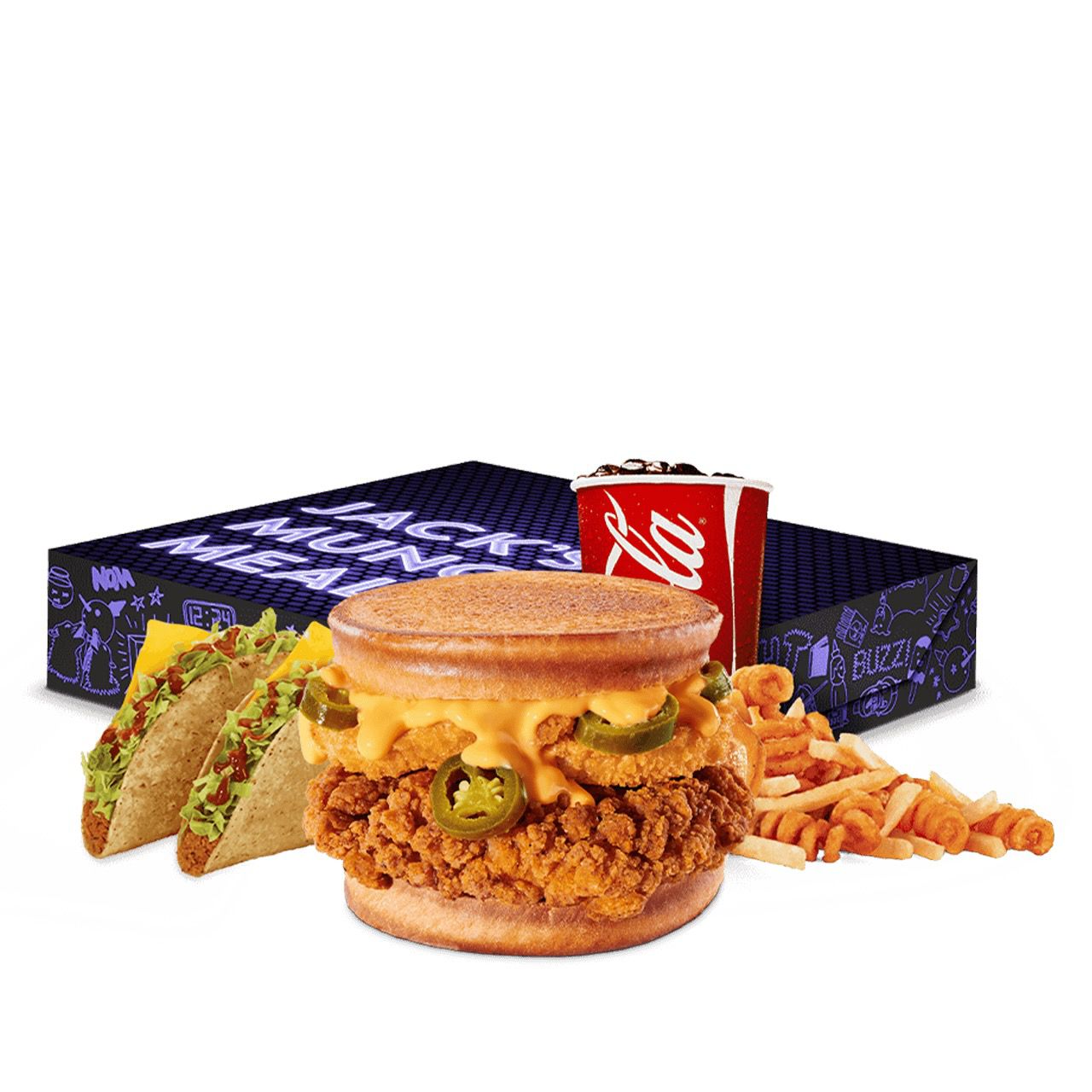 Sandwich, tacos, curly fries and drink.