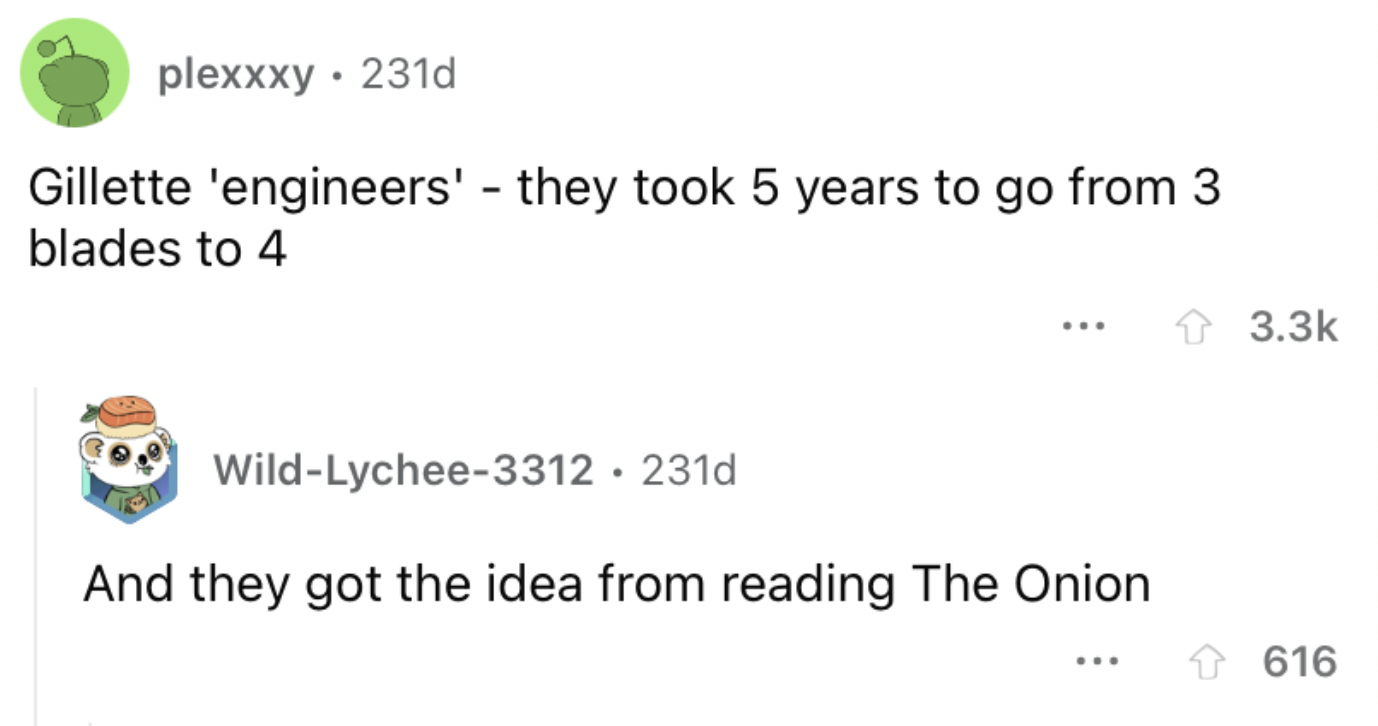 Reddit screenshot of someone talking about how Gillette engineers are overpaid.