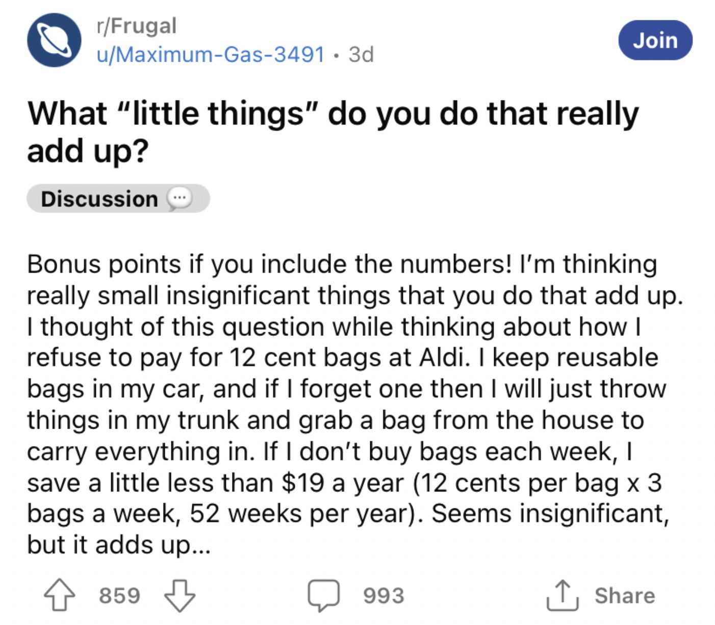 Reddit screenshot of saving money back through not buying bags at the store.