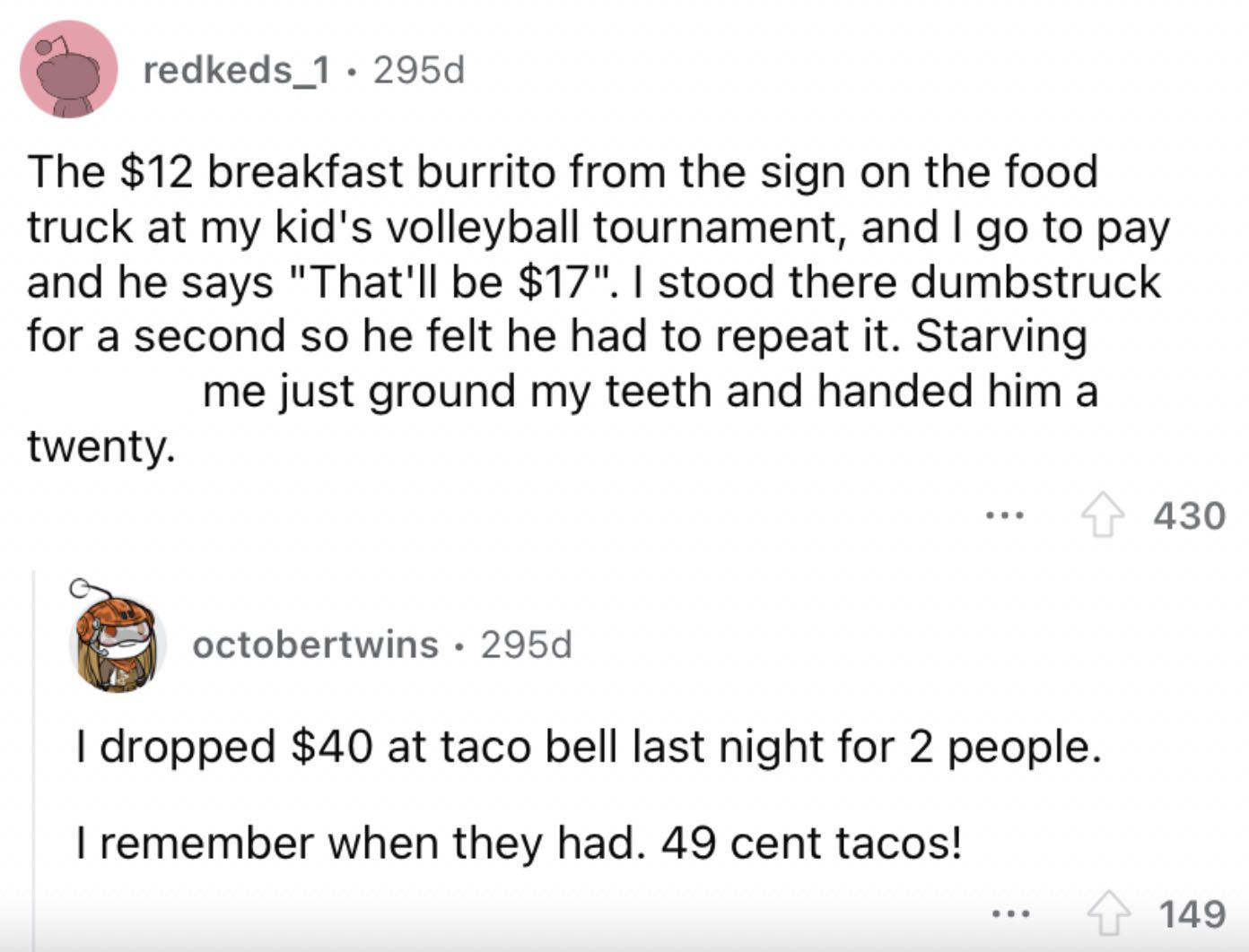 Reddit screenshot of someone talking about crazy overpriced breakfast burrito.