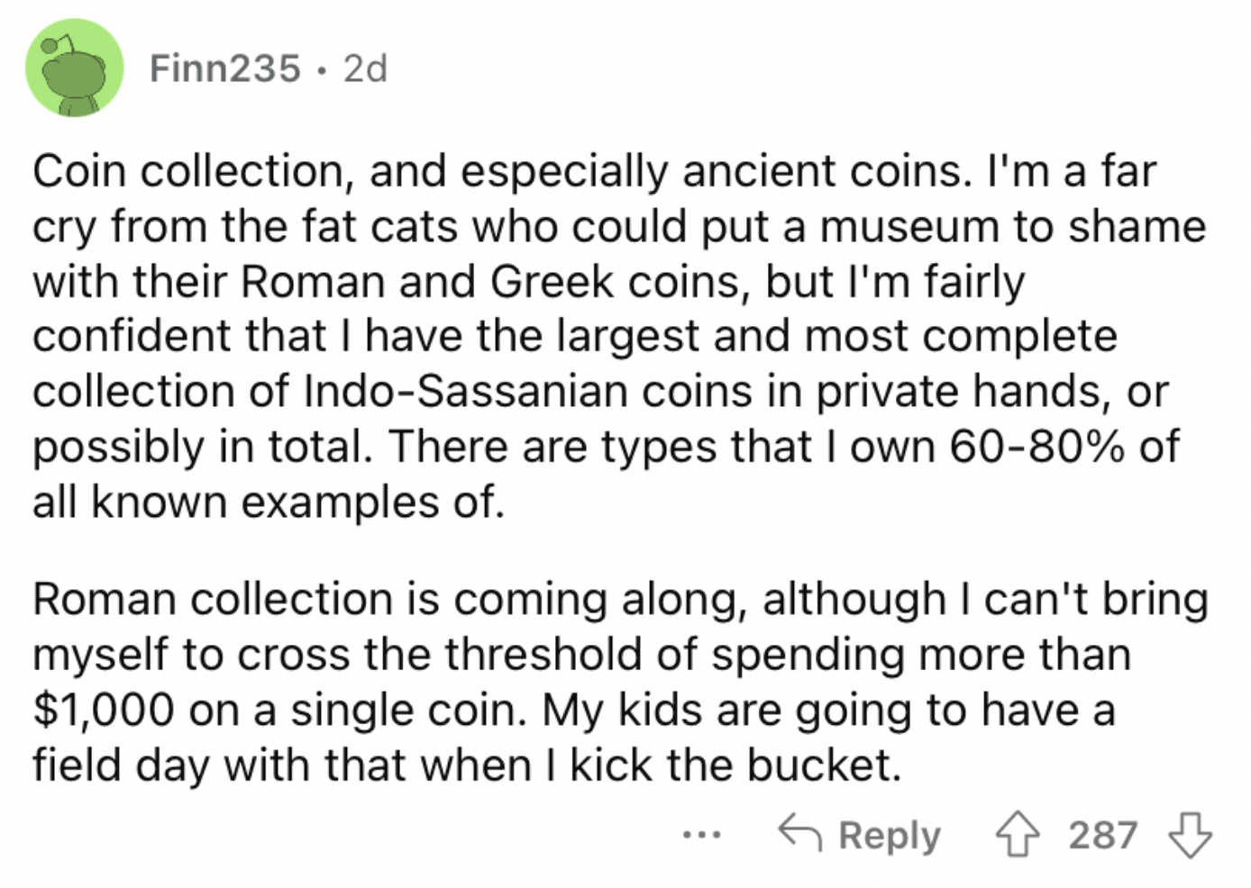 Reddit screenshot of someone talking about their very expensive coin collection