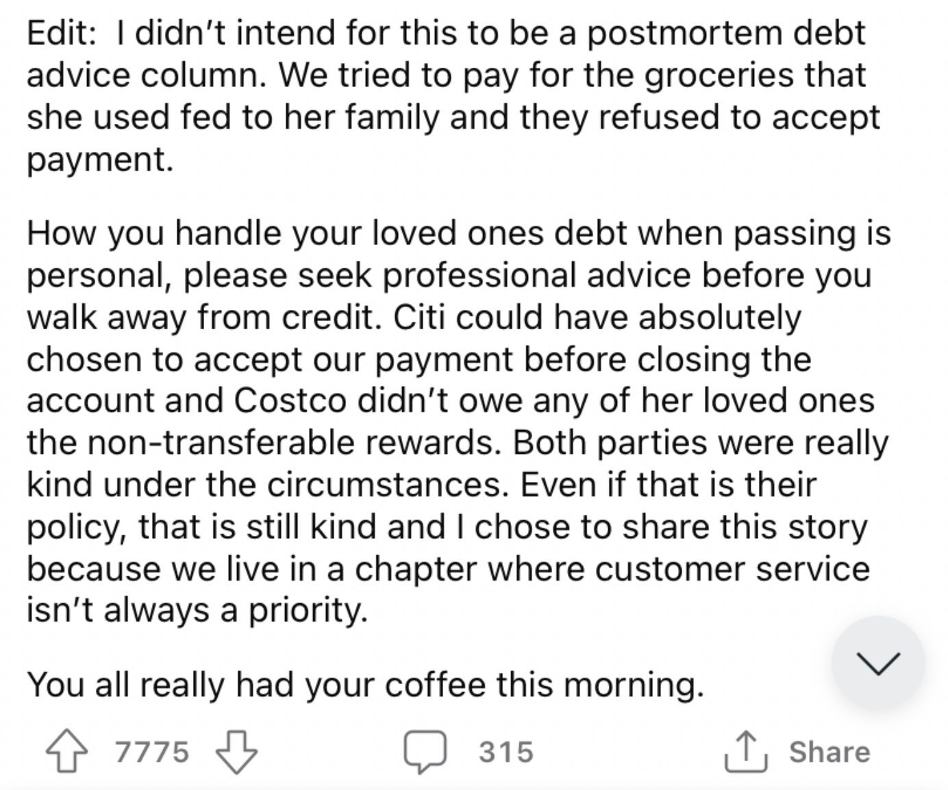Reddit screenshot about stellar Costco customer service.