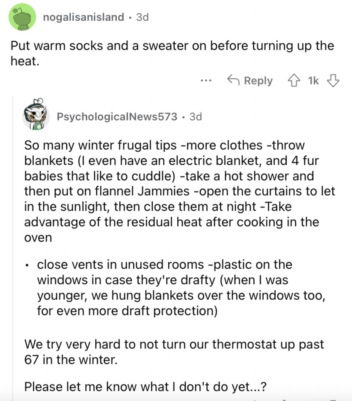 Reddit screenshot on how to cut costs during winter months.