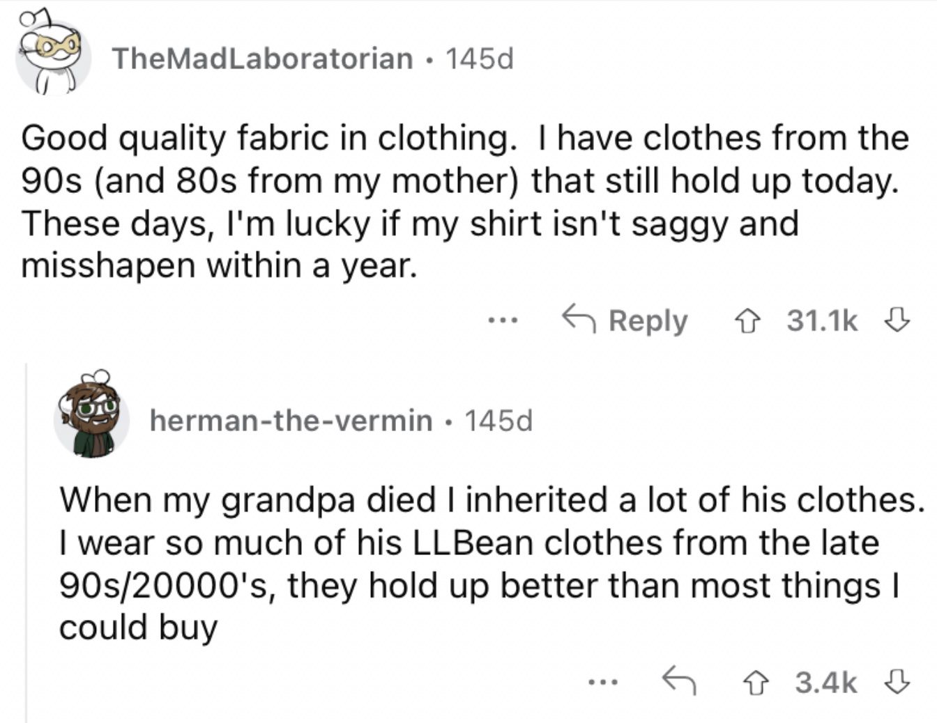 Reddit screenshot of someone talking about older clothing being of a better quality.