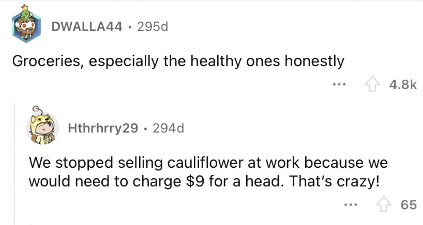 Reddit screenshot about groceries being crazy expensive.