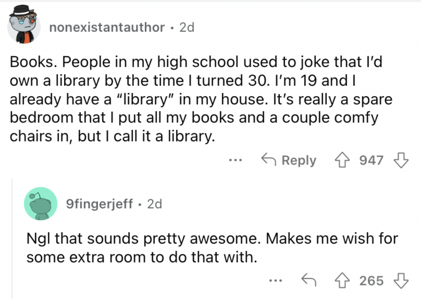Reddit screenshot of someone talking about their hobby of collecting books.