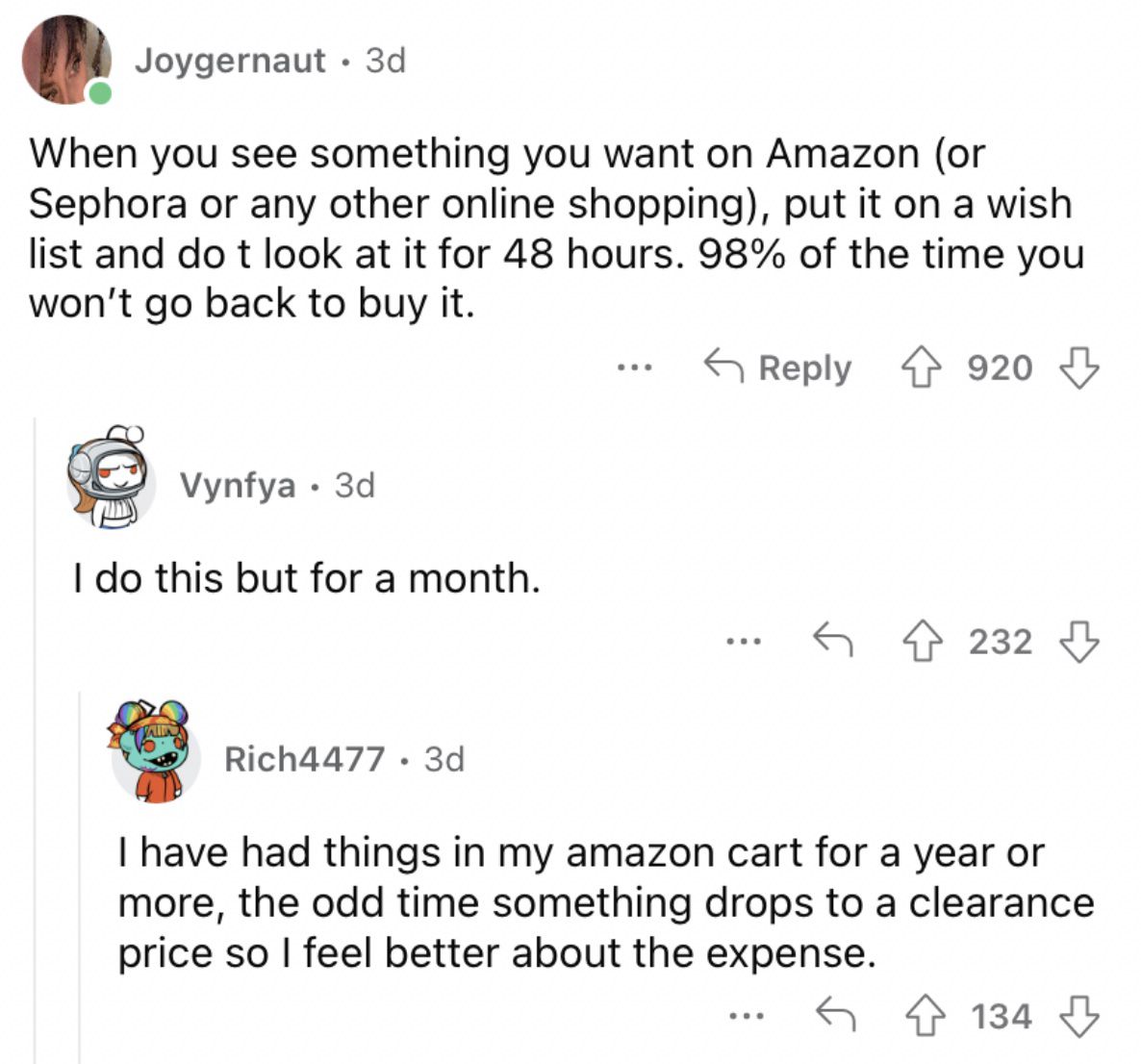 Reddit screenshot about putting impulse purchases on a wish list.
