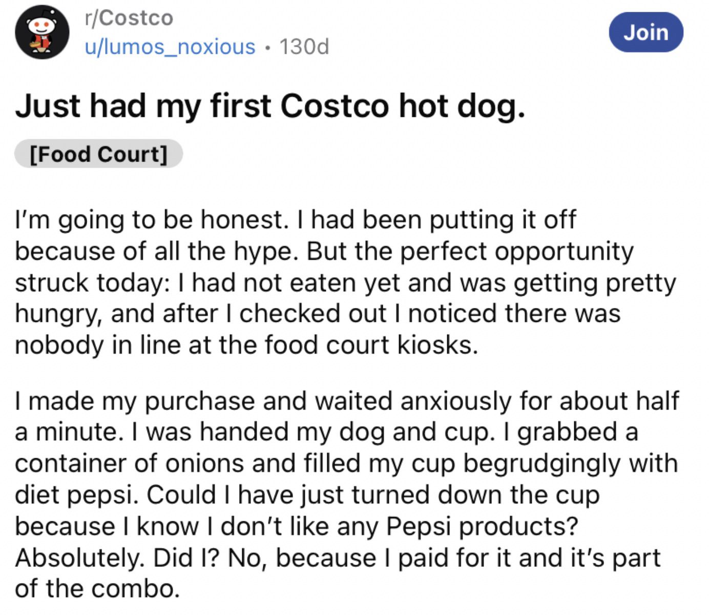 Reddit screenshot about the hype behind Costco hot dogs.