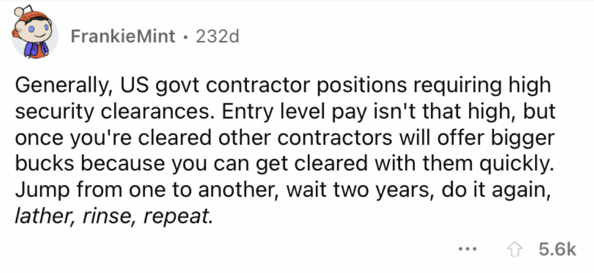 Reddit screenshot about how US government contractor positions are overpaid