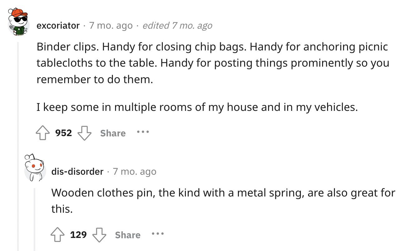Reddit screenshot about the value of binder clips.