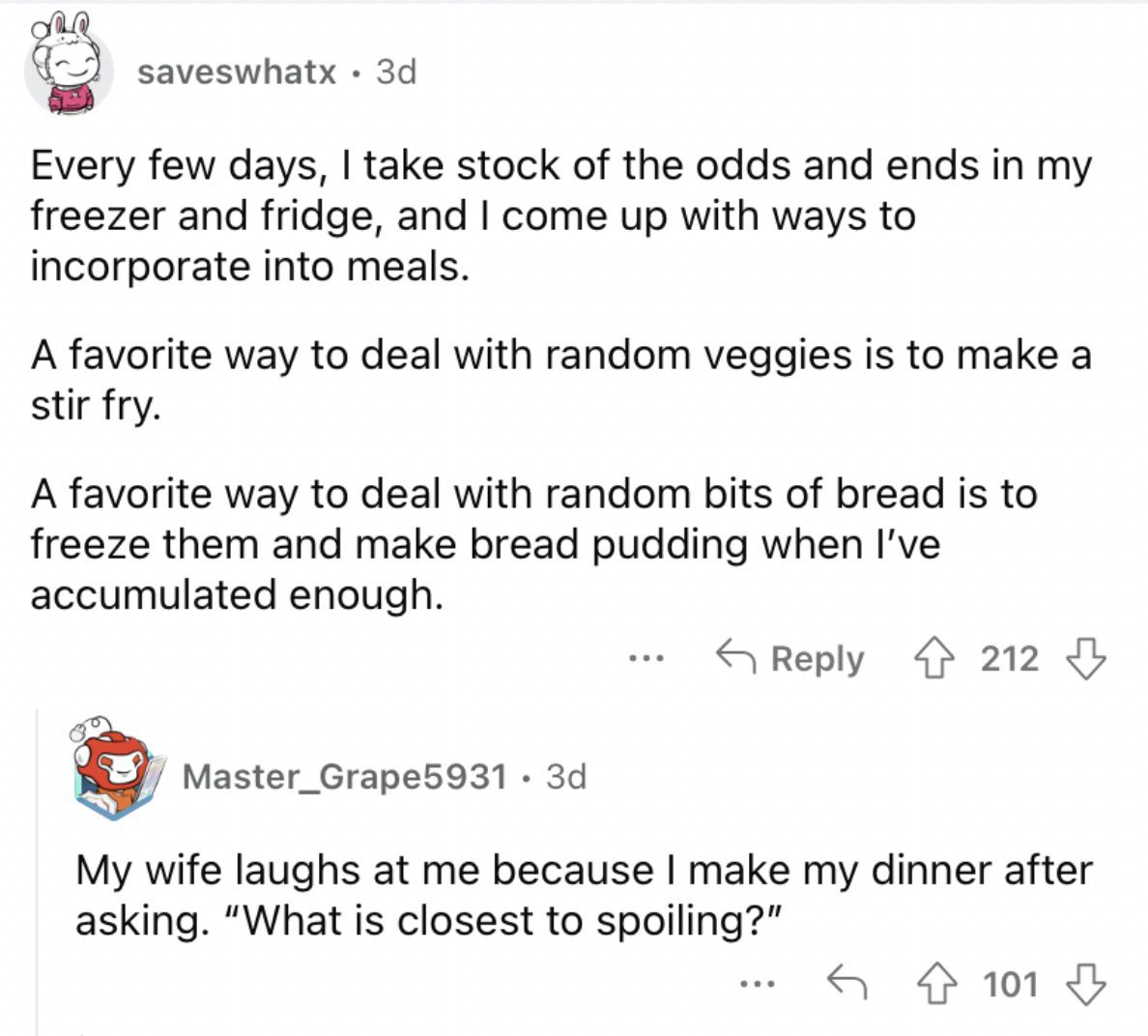 Reddit screenshot on using leftover fruits and veggies.
