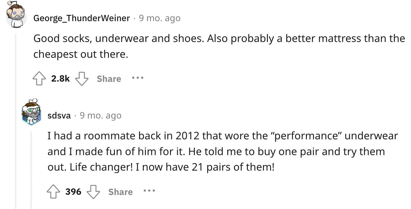 Reddit screenshot about the value of good socks and underwear.