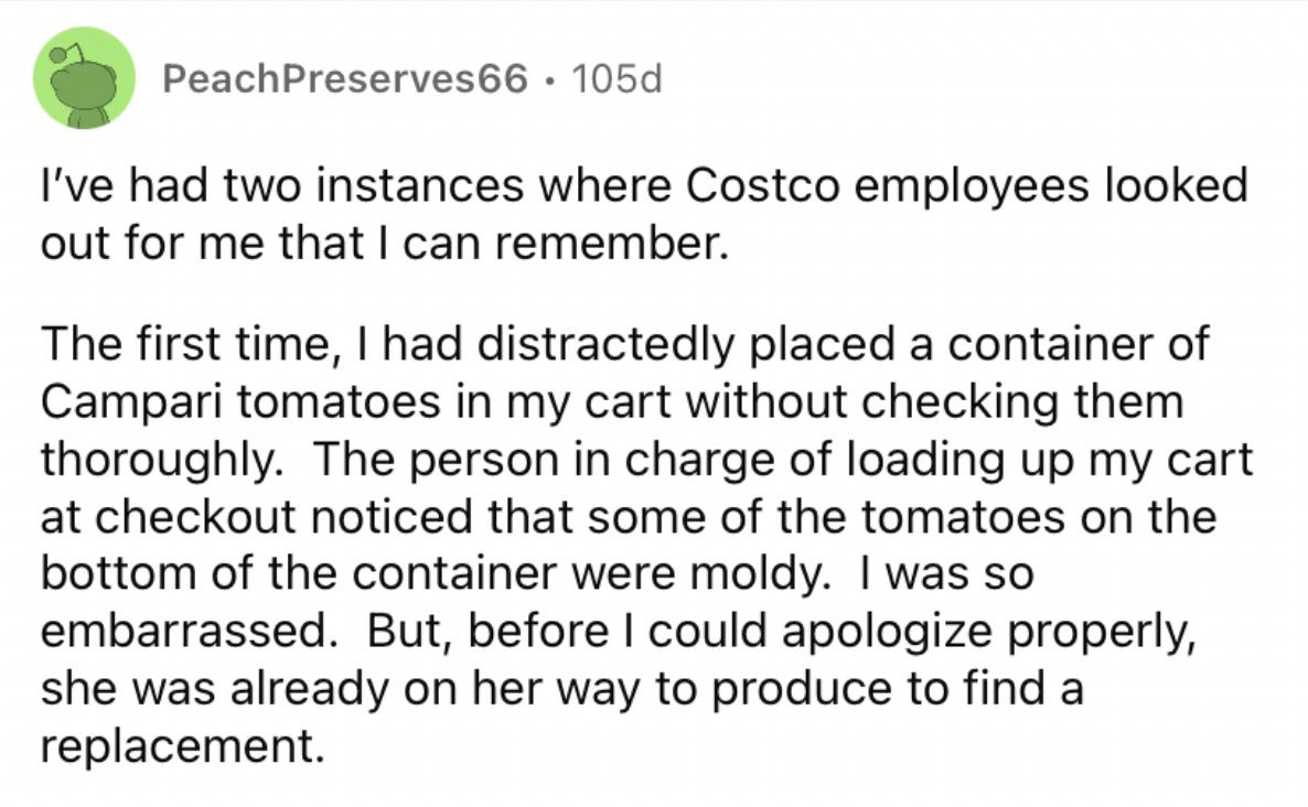 Reddit screenshot about embarrassed customer being helped out by Costco employee.