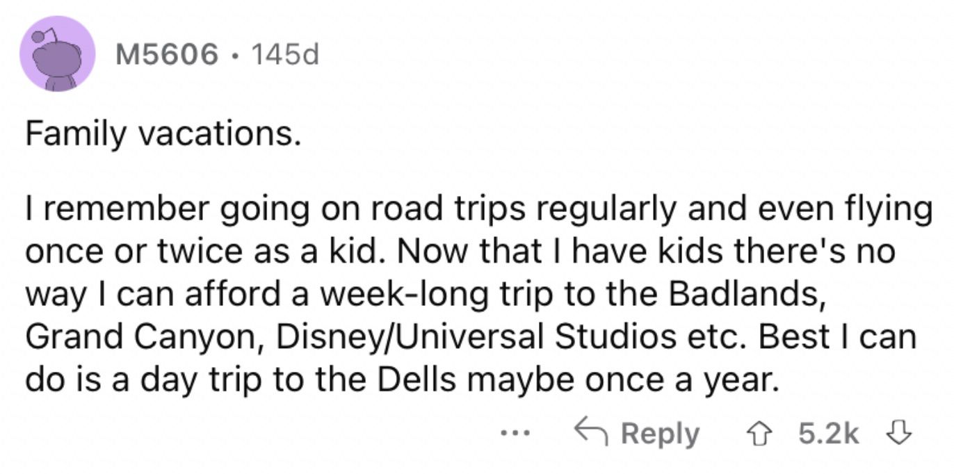 Reddit screenshot about family vacations being very expensive.